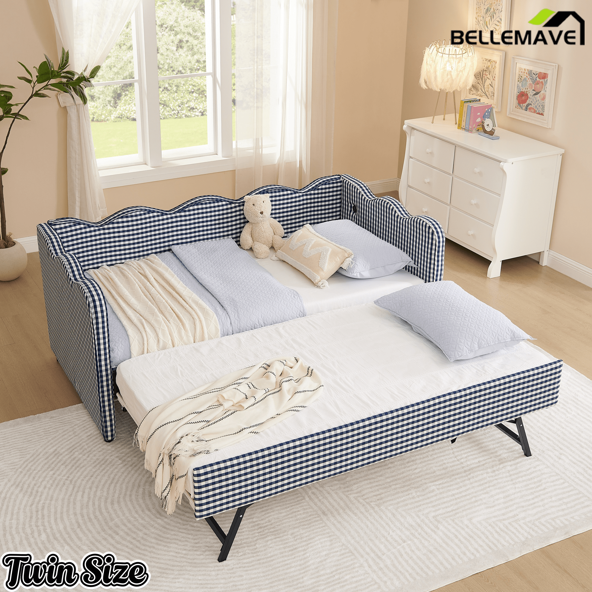 Bellemave® Twin to King Daybed with Trundle & USB Charging, Wave Upholstered Sofa Bed - Bellemave
