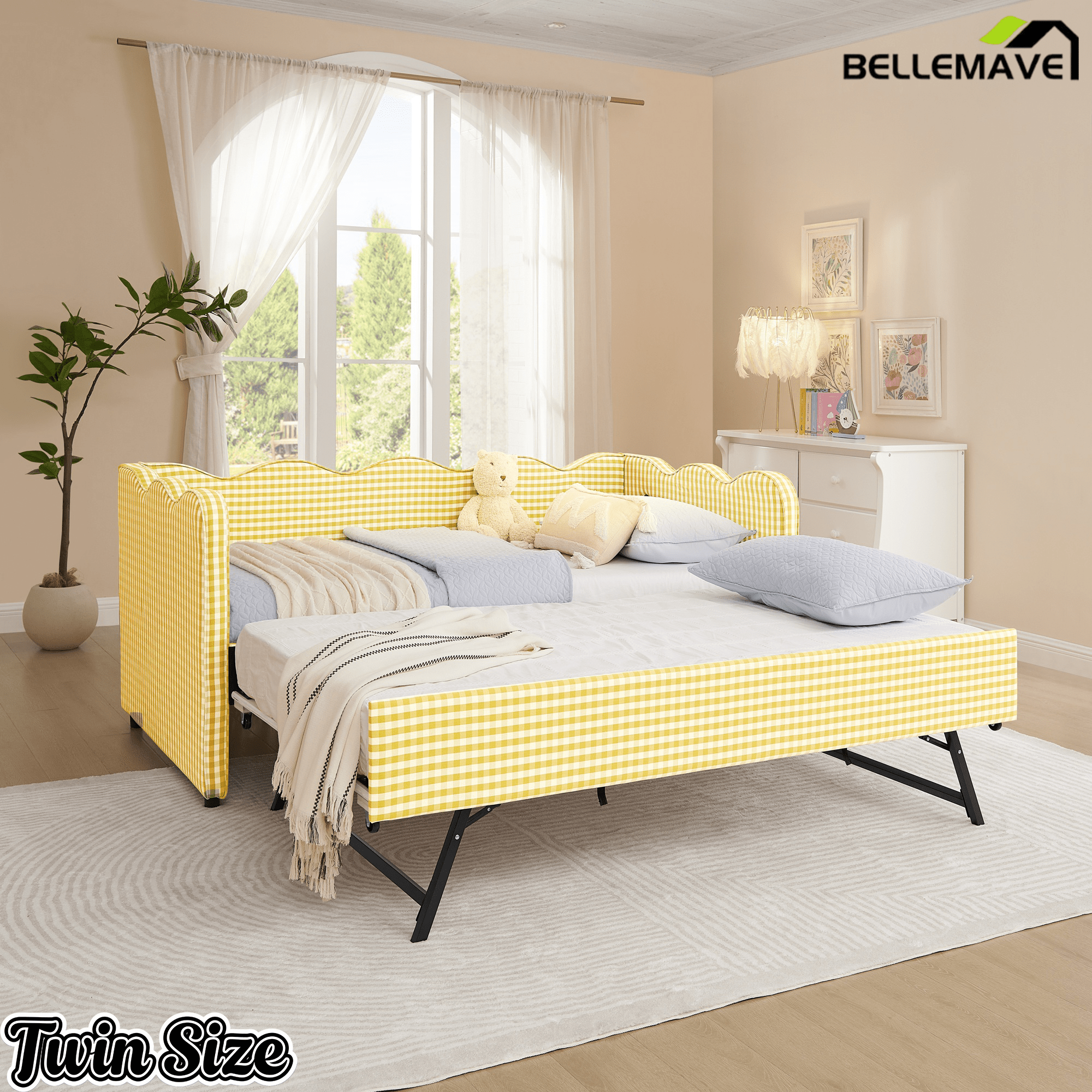 Bellemave® Twin to King Daybed with Trundle & USB Charging, Wave Upholstered Sofa Bed - Bellemave