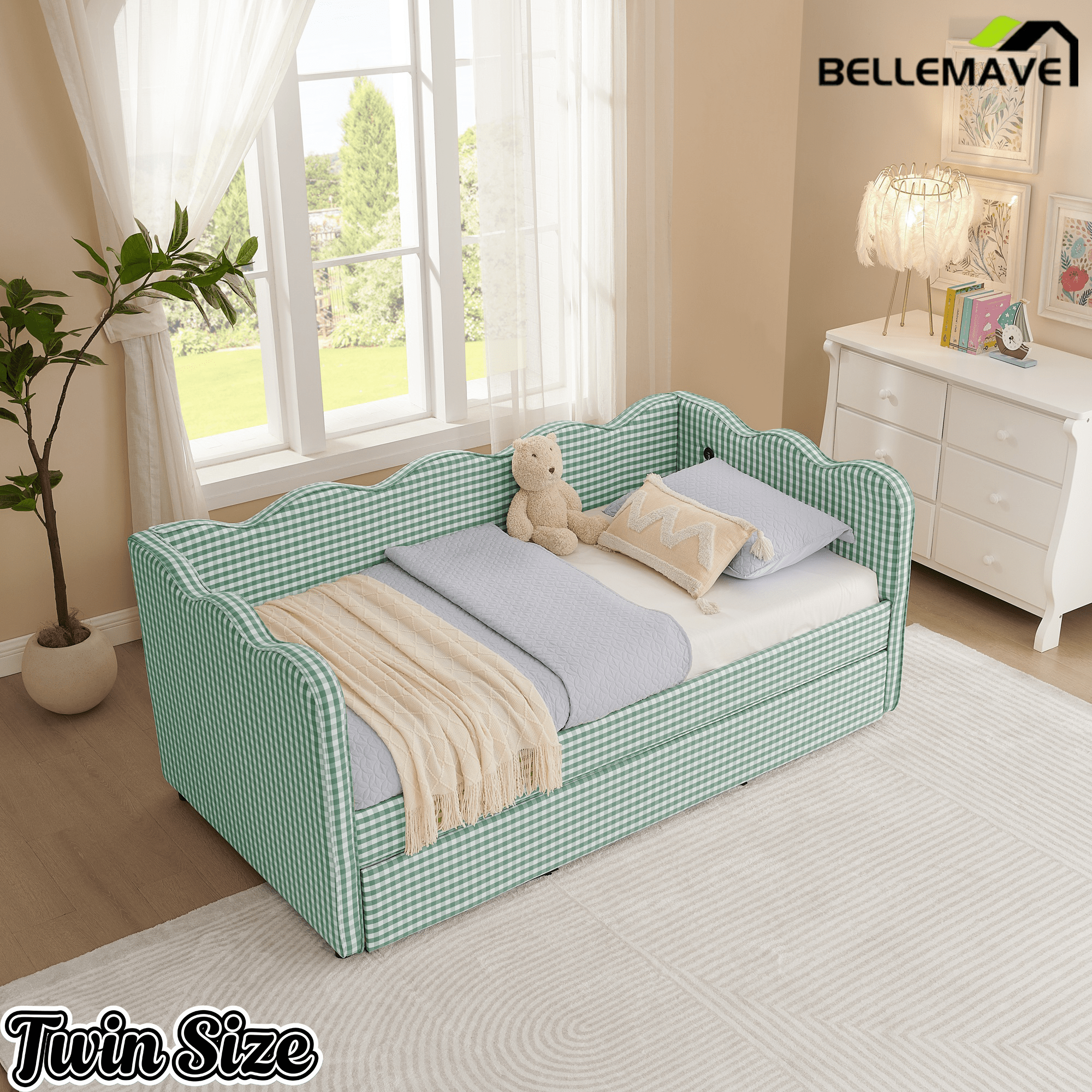 Bellemave® Twin to King Daybed with Trundle & USB Charging, Wave Upholstered Sofa Bed - Bellemave