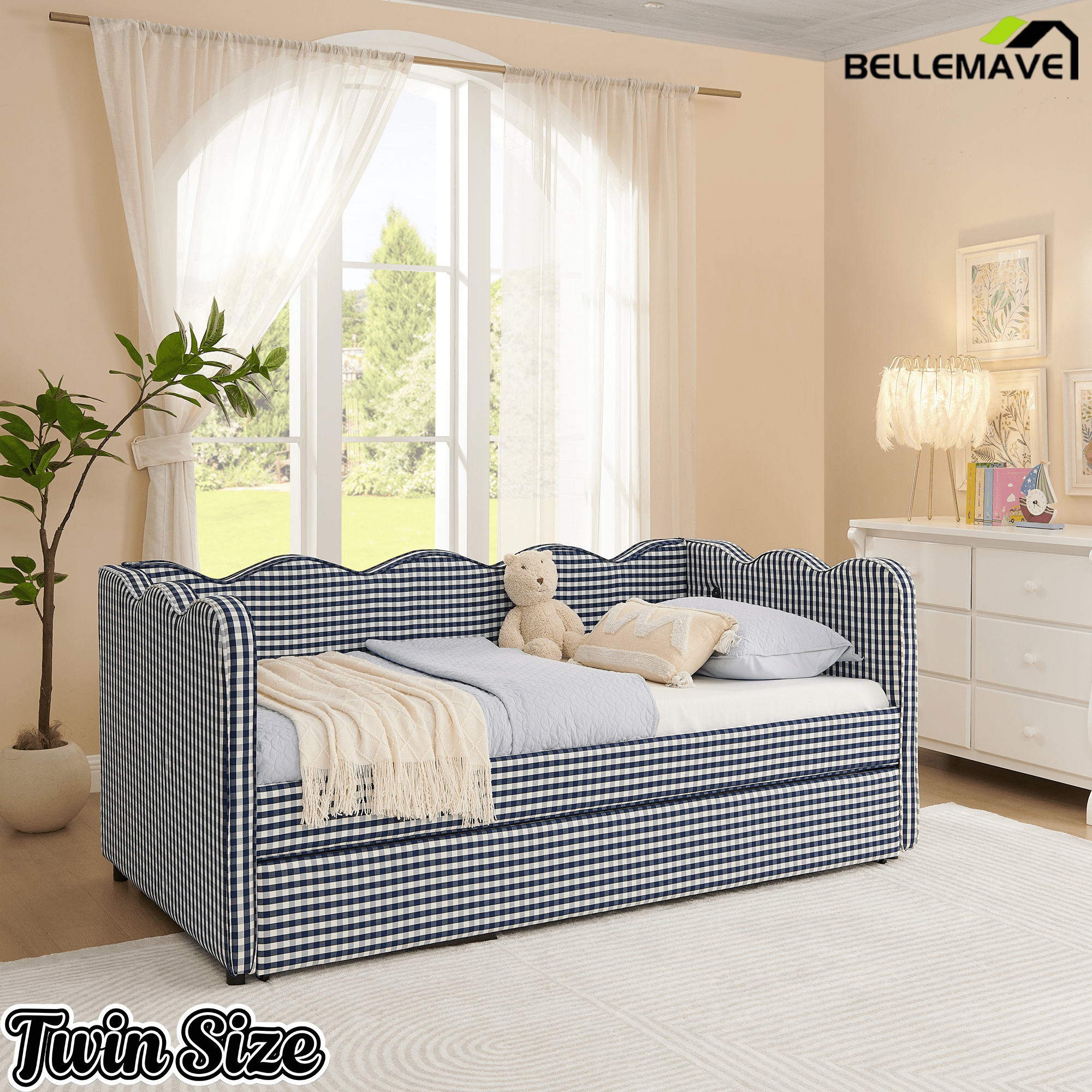 Bellemave® Twin to King Daybed with Trundle & USB Charging, Wave Upholstered Sofa Bed - Bellemave