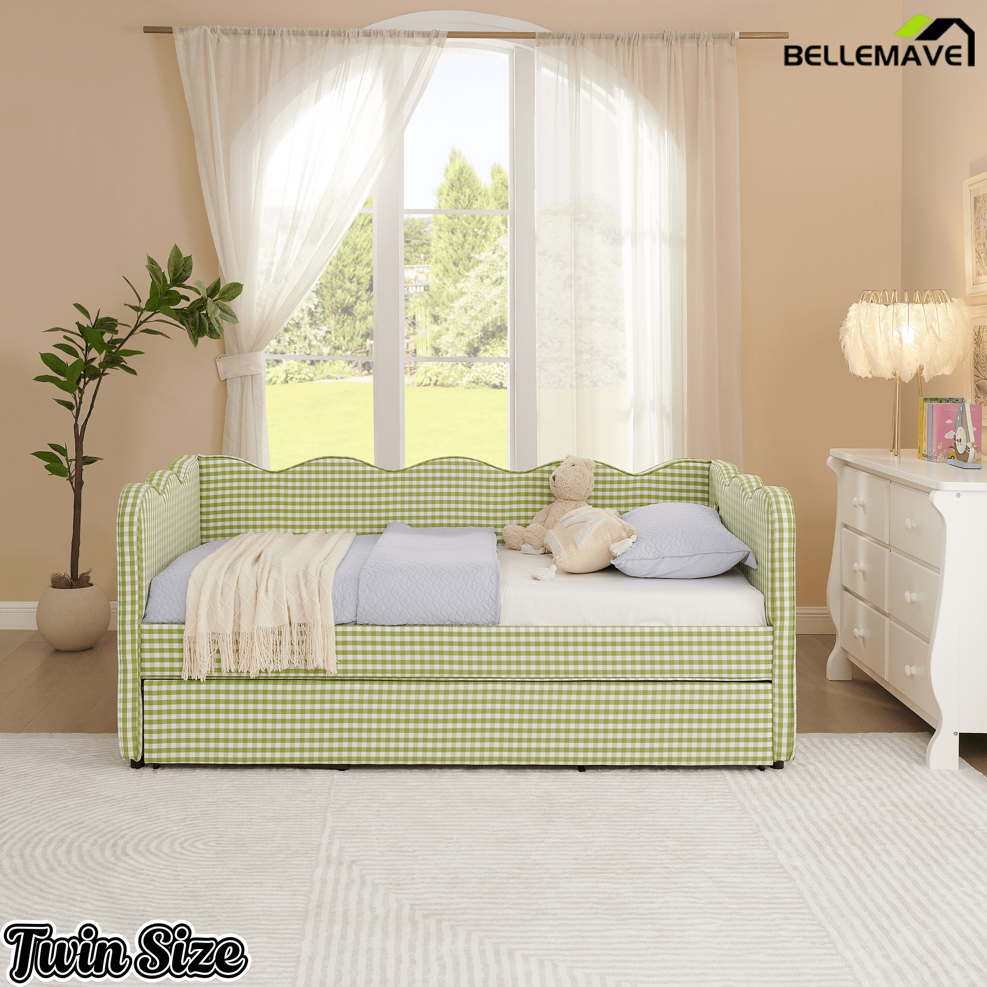 Bellemave® Twin to King Daybed with Trundle & USB Charging, Wave Upholstered Sofa Bed - Bellemave