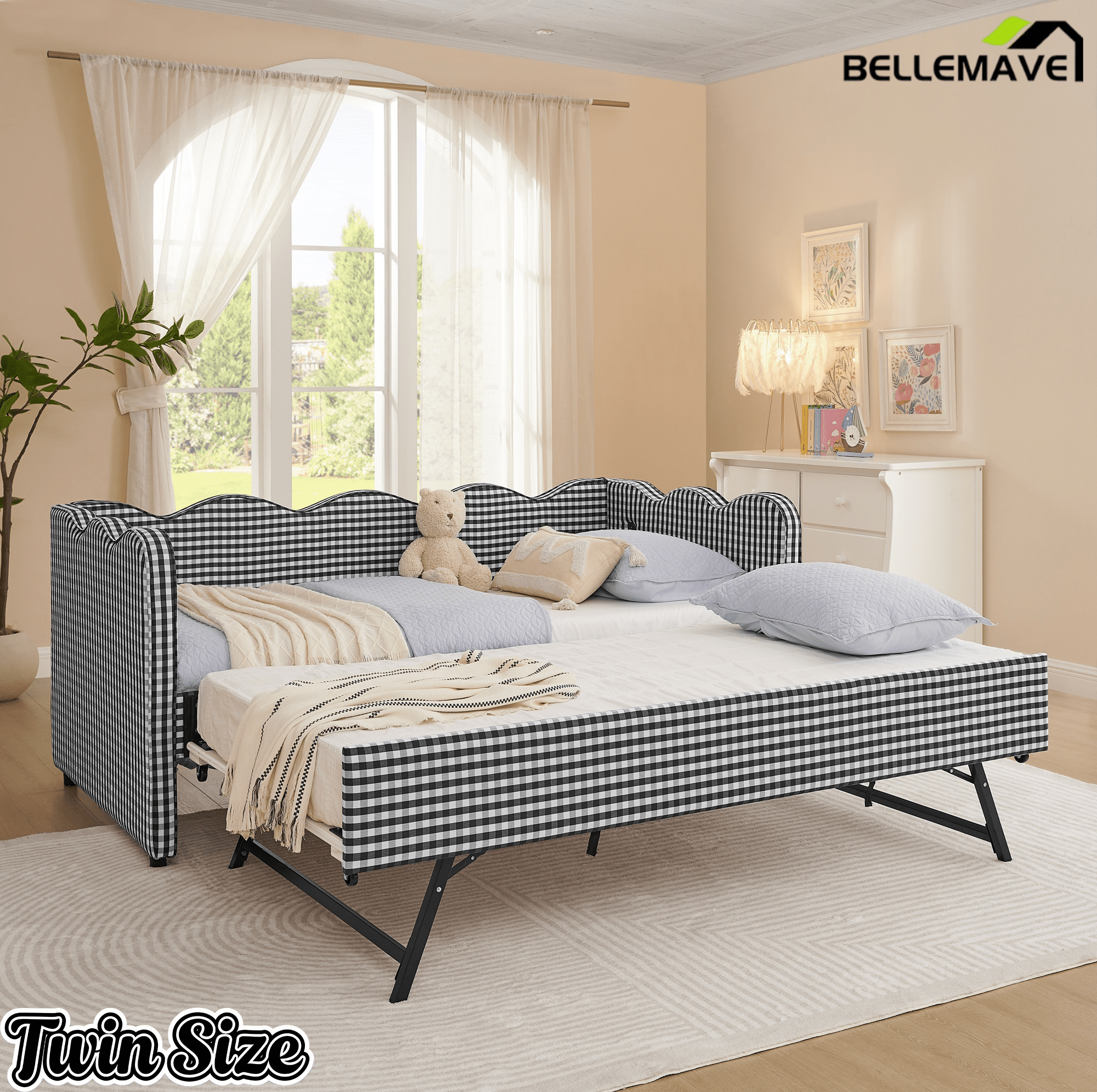 Bellemave® Twin to King Daybed with Trundle & USB Charging, Wave Upholstered Sofa Bed - Bellemave