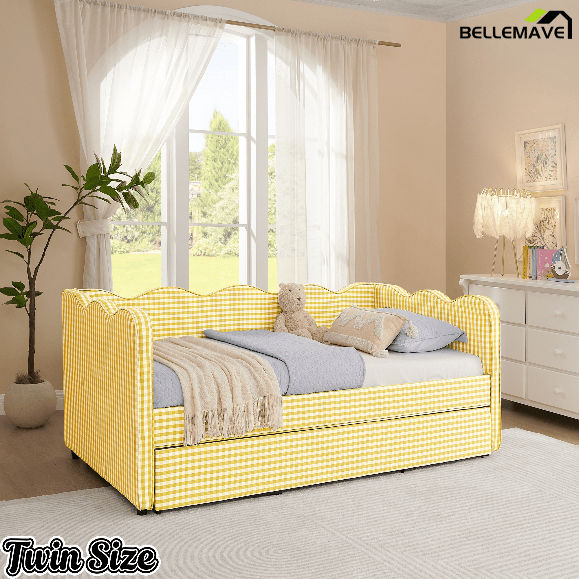 Bellemave® Twin to King Daybed with Trundle & USB Charging, Wave Upholstered Sofa Bed - Bellemave