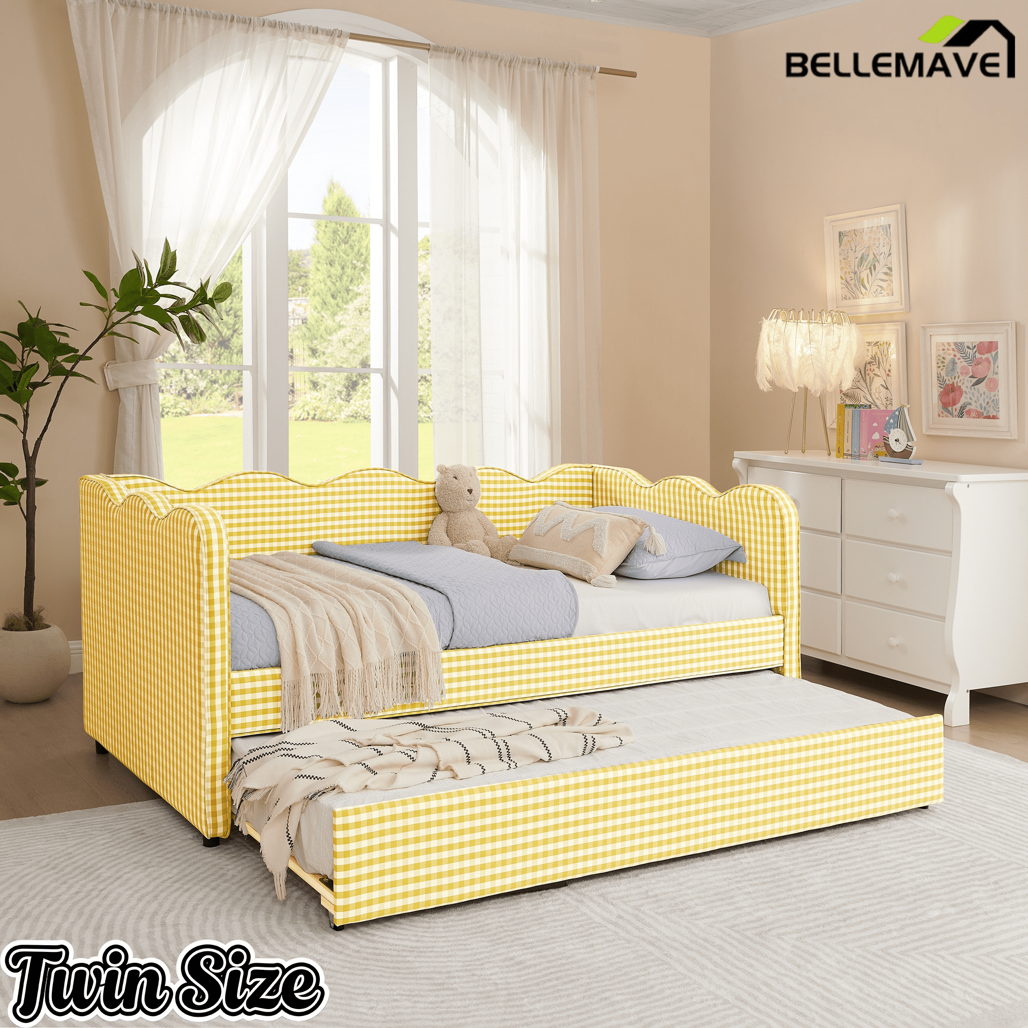 Bellemave® Twin to King Daybed with Trundle & USB Charging, Wave Upholstered Sofa Bed - Bellemave