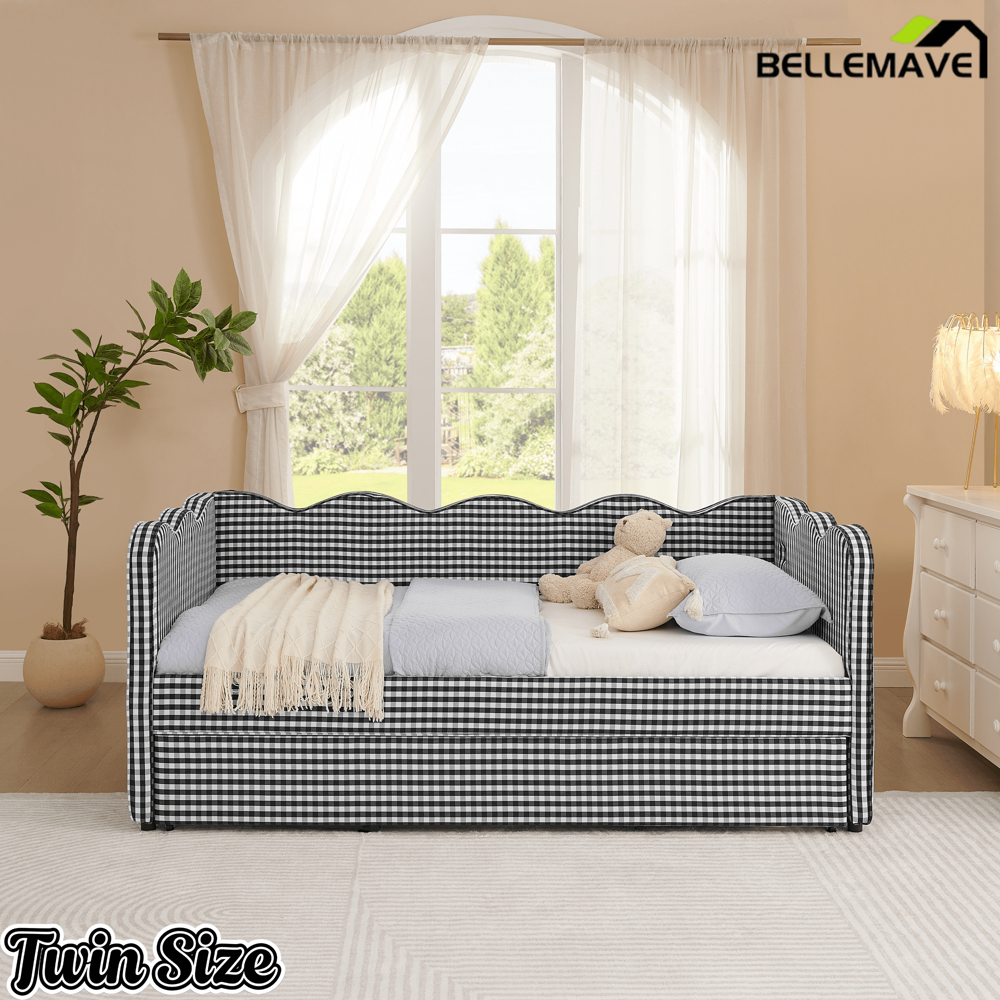 Bellemave® Twin to King Daybed with Trundle & USB Charging, Wave Upholstered Sofa Bed - Bellemave