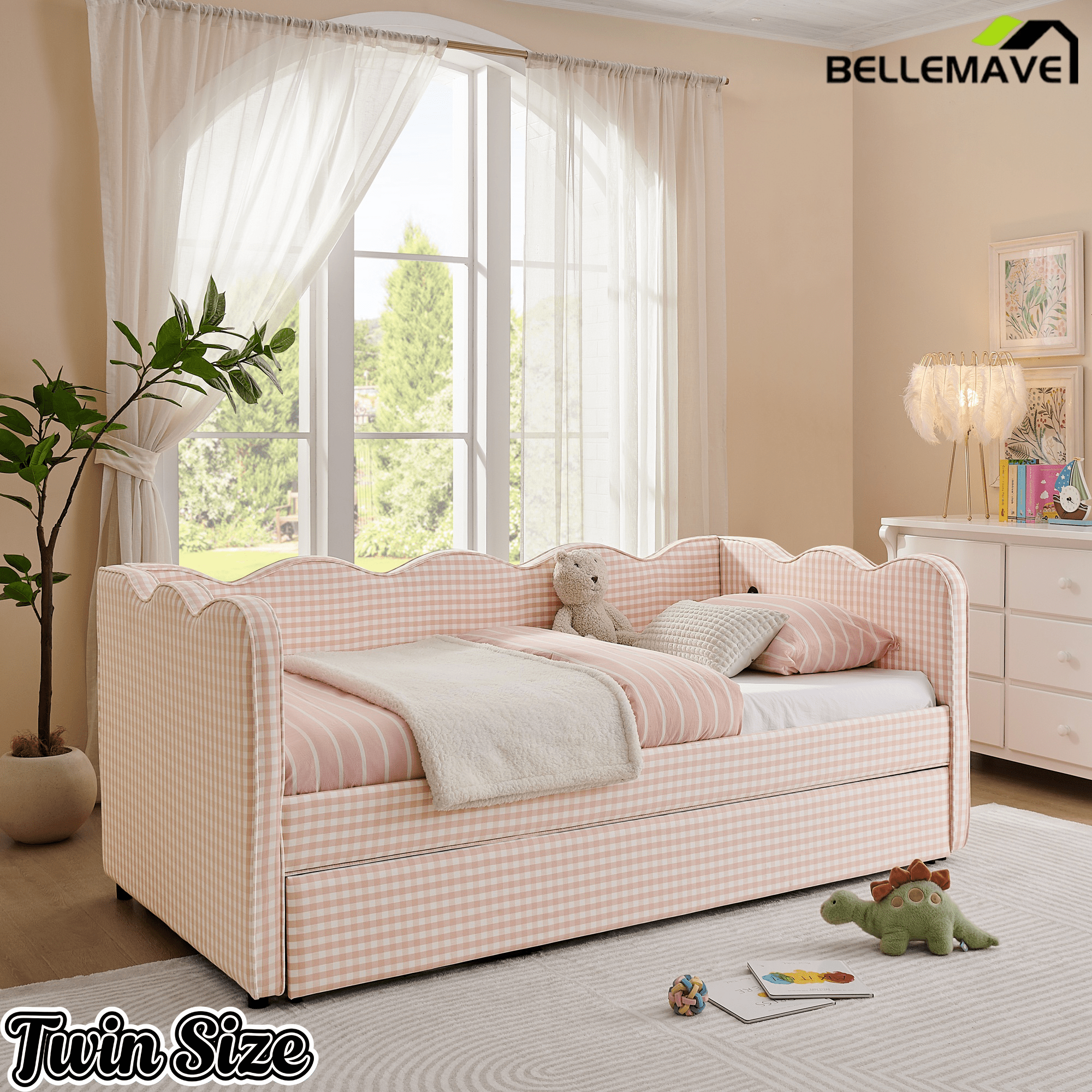 Bellemave® Twin to King Daybed with Trundle & USB Charging, Wave Upholstered Sofa Bed - Bellemave
