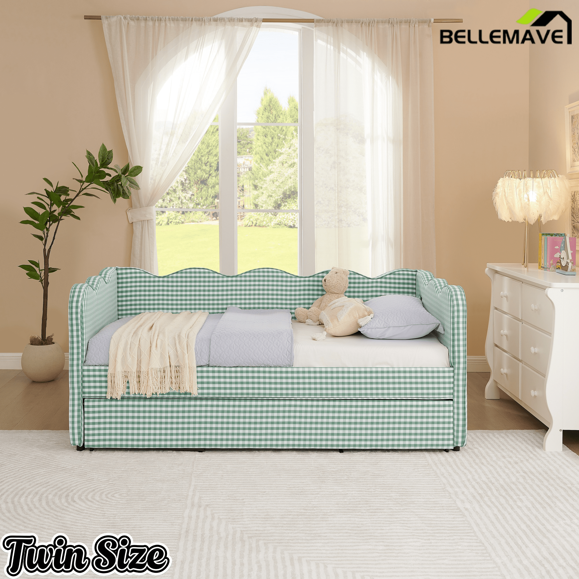 Bellemave® Twin to King Daybed with Trundle & USB Charging, Wave Upholstered Sofa Bed - Bellemave