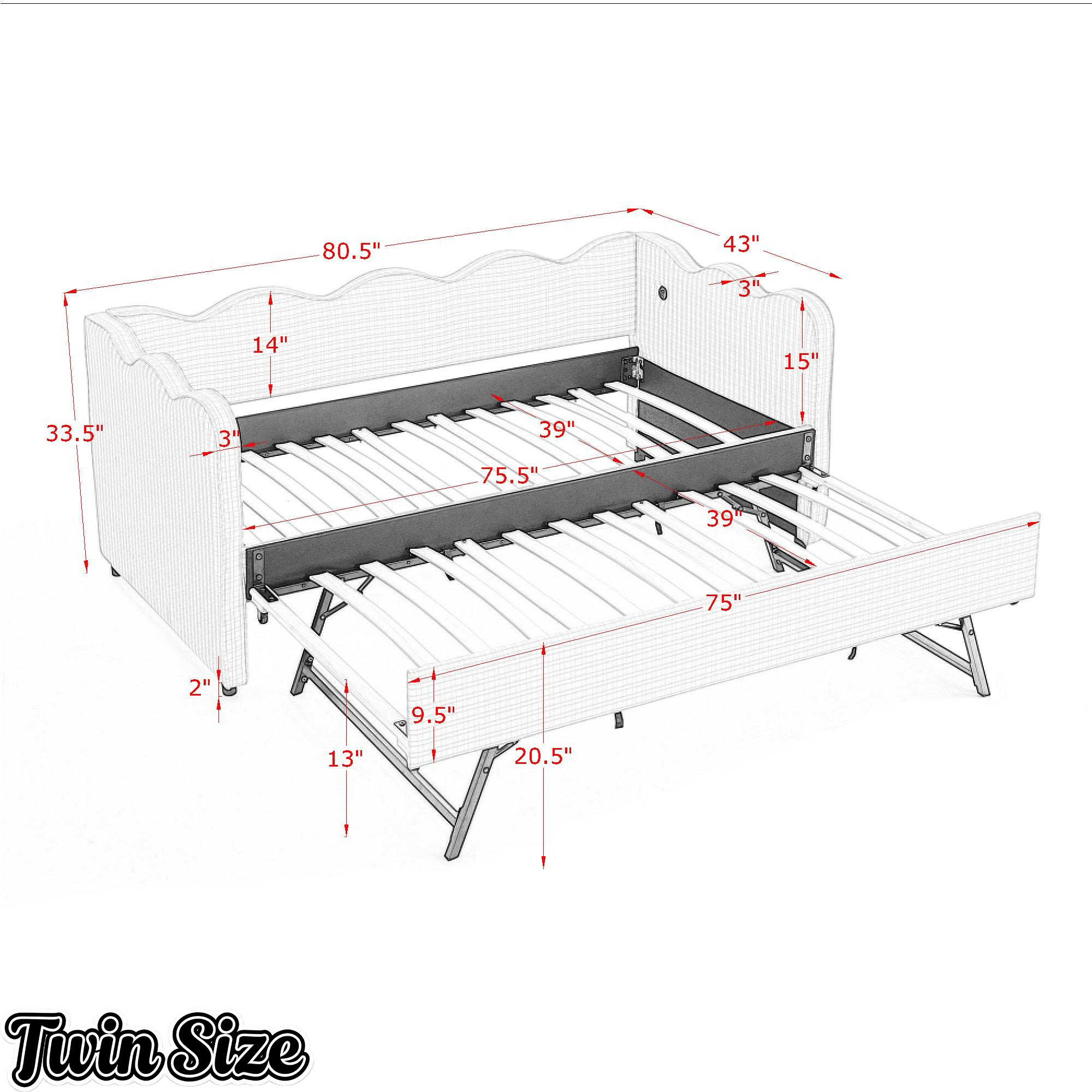 Bellemave® Twin to King Daybed with Trundle & USB Charging, Wave Upholstered Sofa Bed - Bellemave
