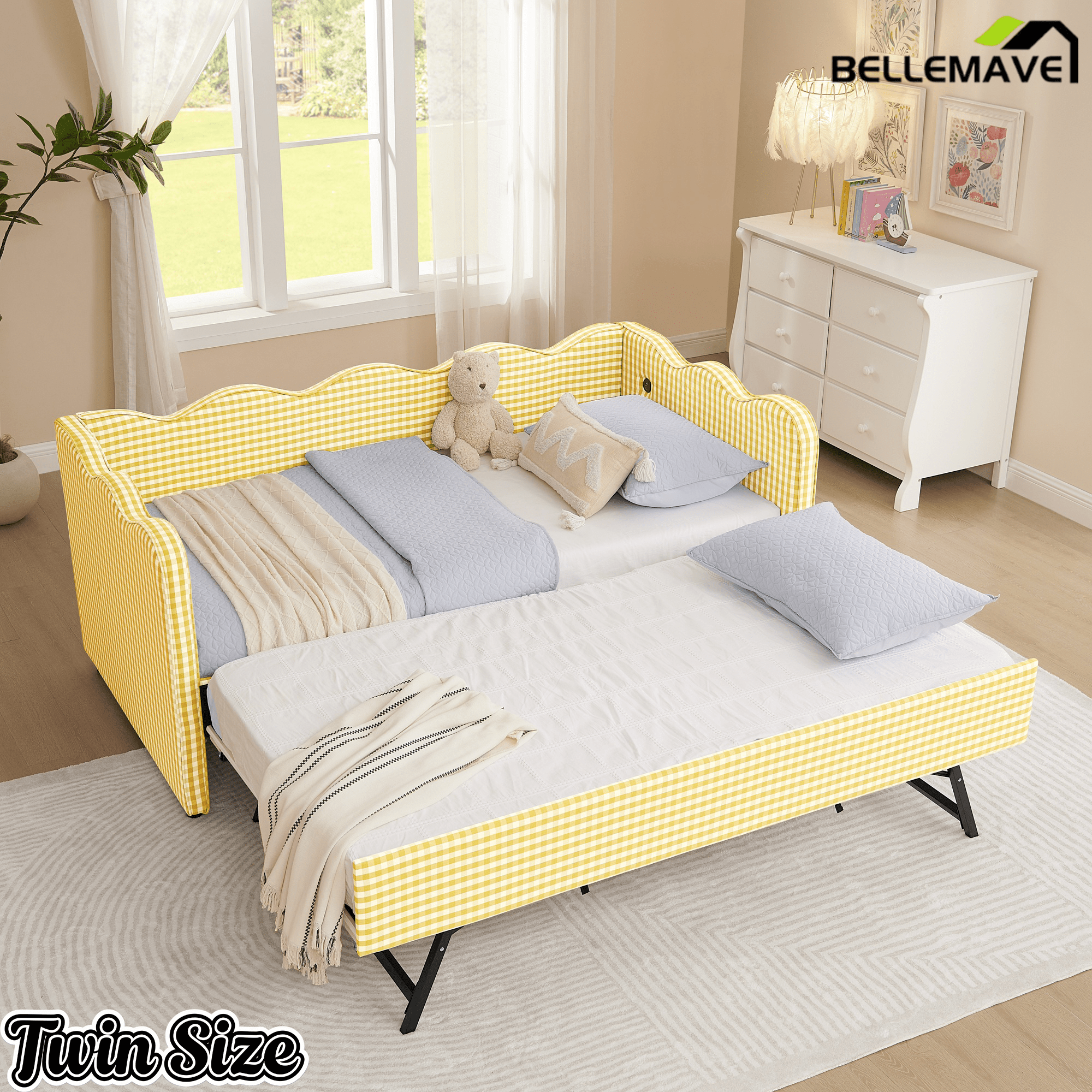 Bellemave® Twin to King Daybed with Trundle & USB Charging, Wave Upholstered Sofa Bed - Bellemave