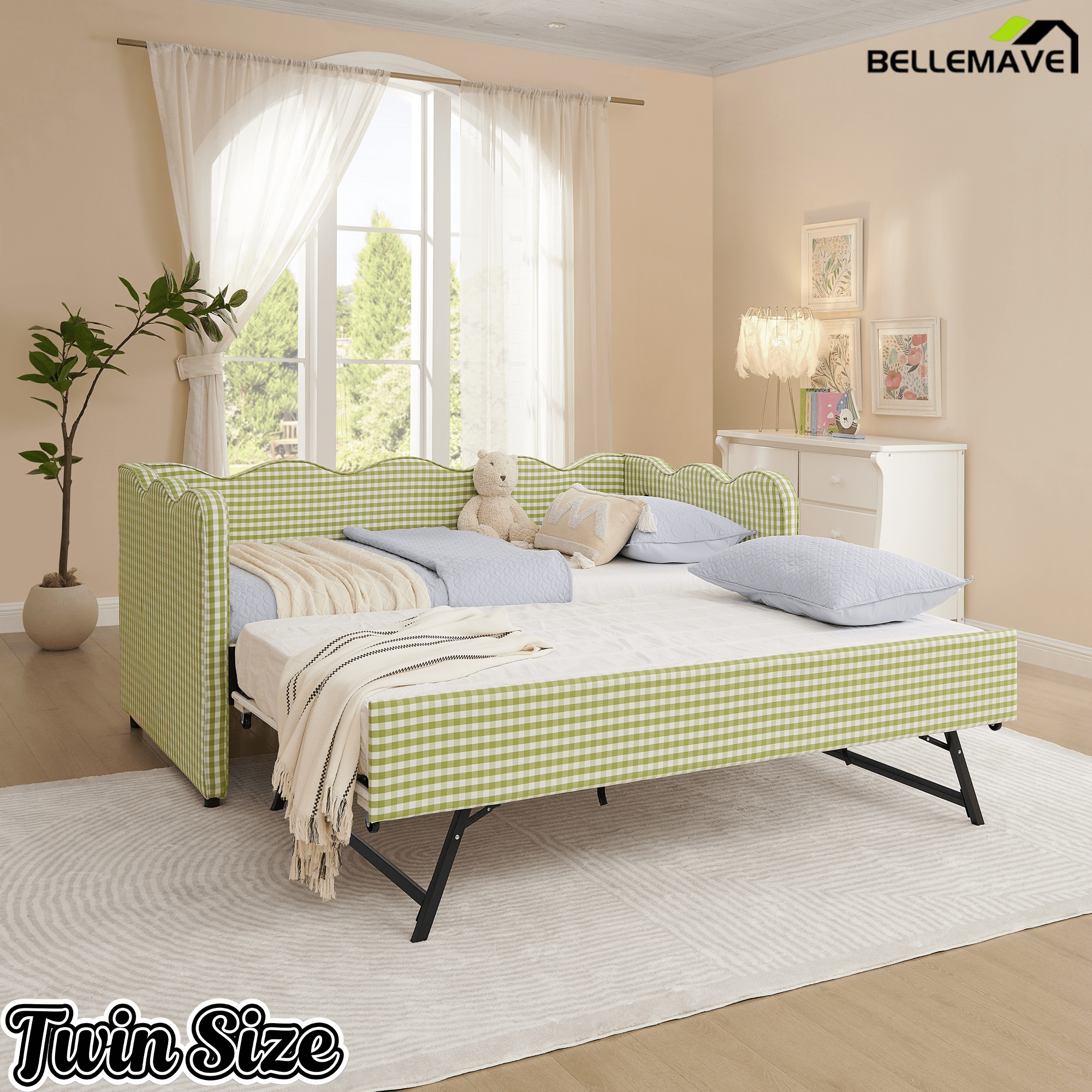 Bellemave® Twin to King Daybed with Trundle & USB Charging, Wave Upholstered Sofa Bed - Bellemave