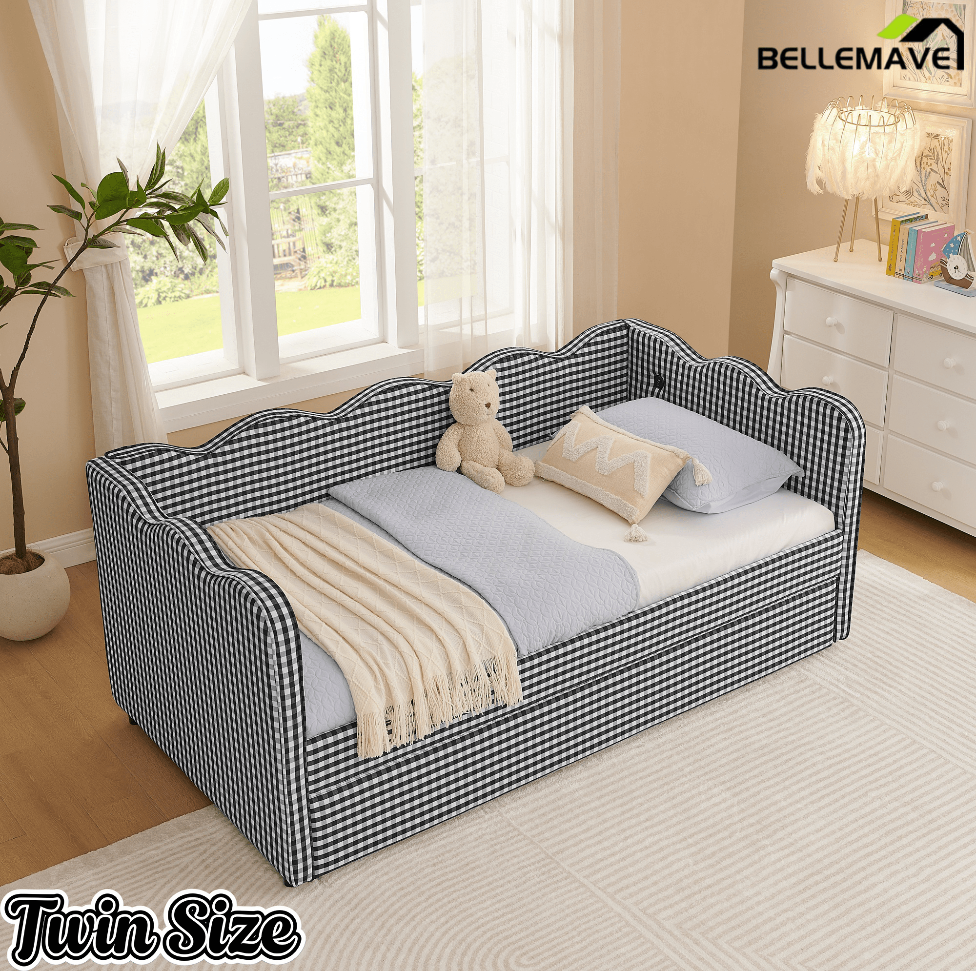 Bellemave® Twin to King Daybed with Trundle & USB Charging, Wave Upholstered Sofa Bed - Bellemave