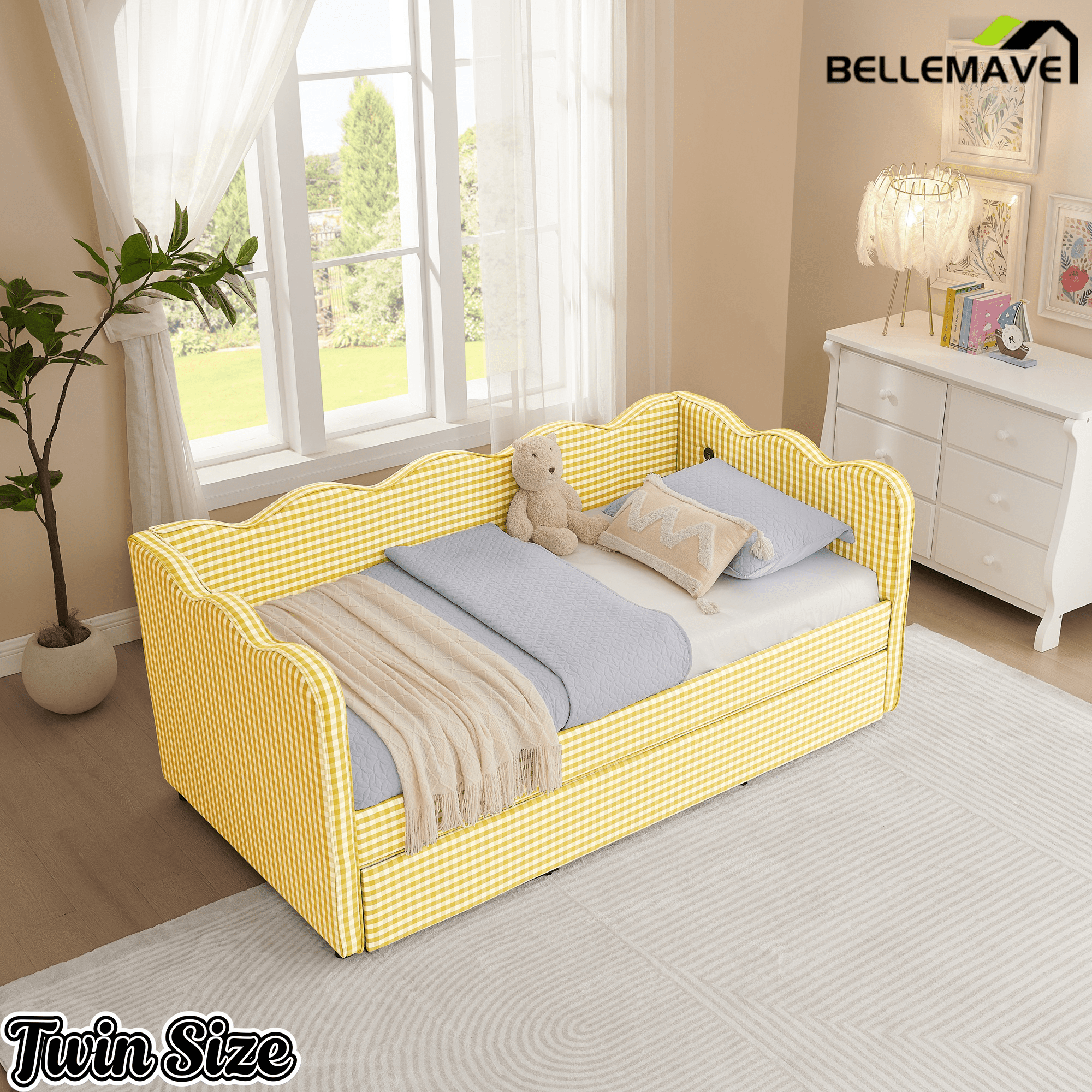 Bellemave® Twin to King Daybed with Trundle & USB Charging, Wave Upholstered Sofa Bed - Bellemave