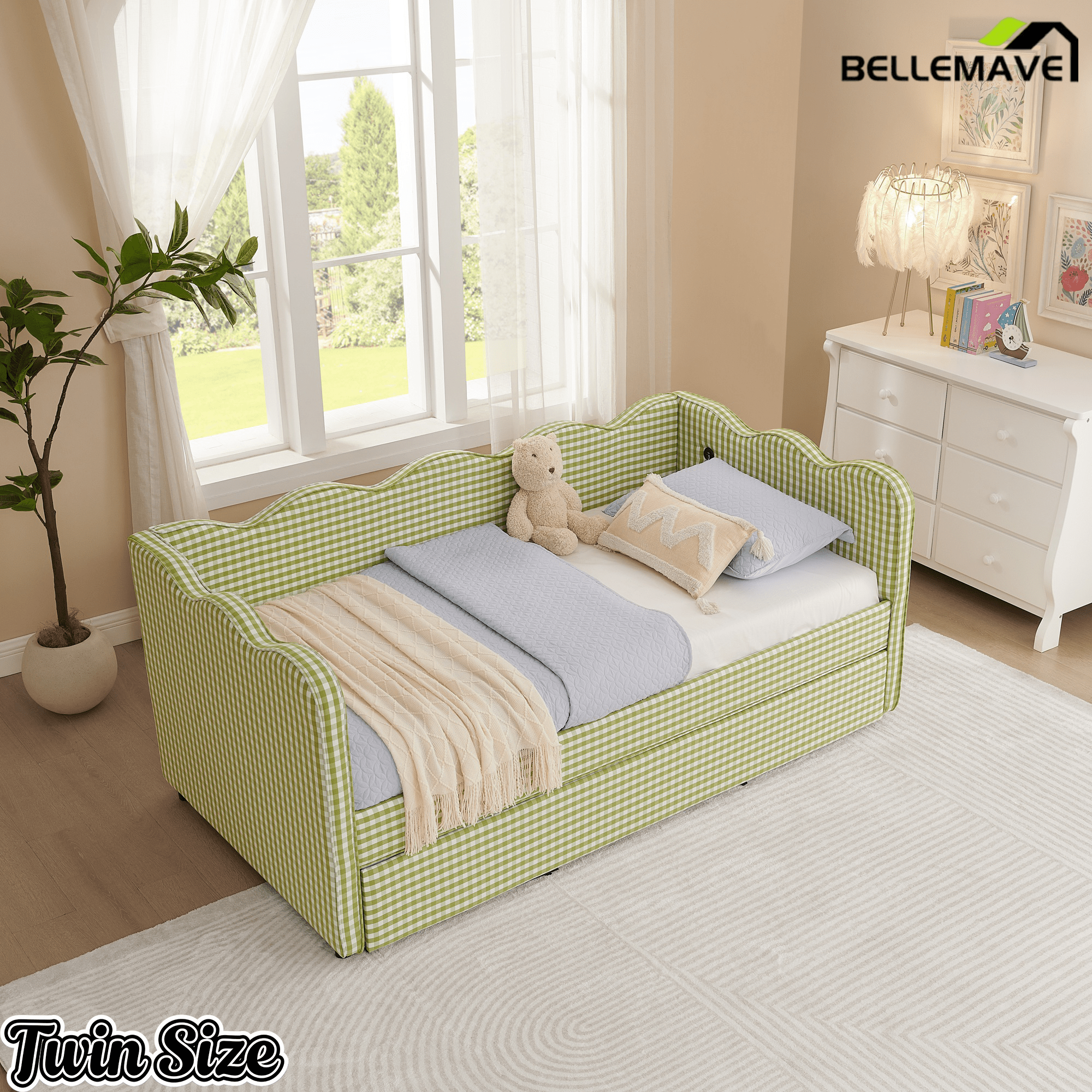 Bellemave® Twin to King Daybed with Trundle & USB Charging, Wave Upholstered Sofa Bed - Bellemave