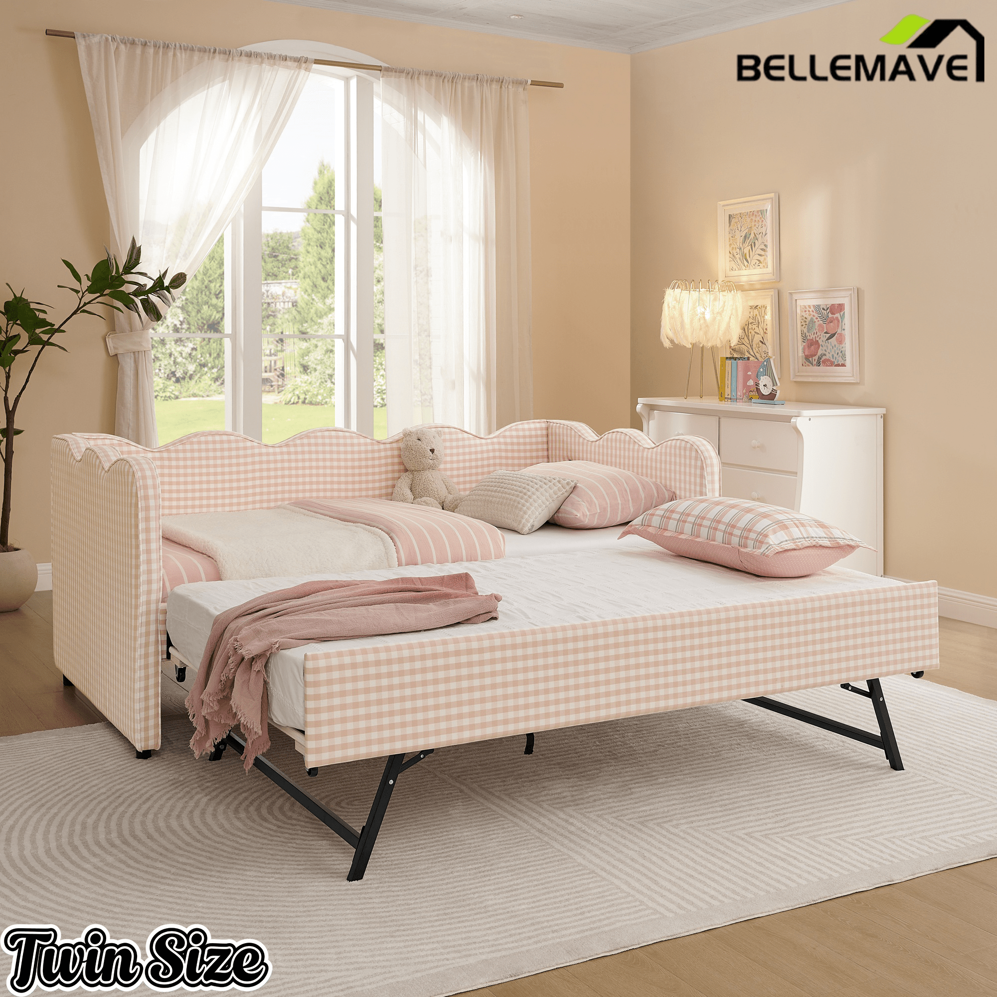 Bellemave® Twin to King Daybed with Trundle & USB Charging, Wave Upholstered Sofa Bed - Bellemave