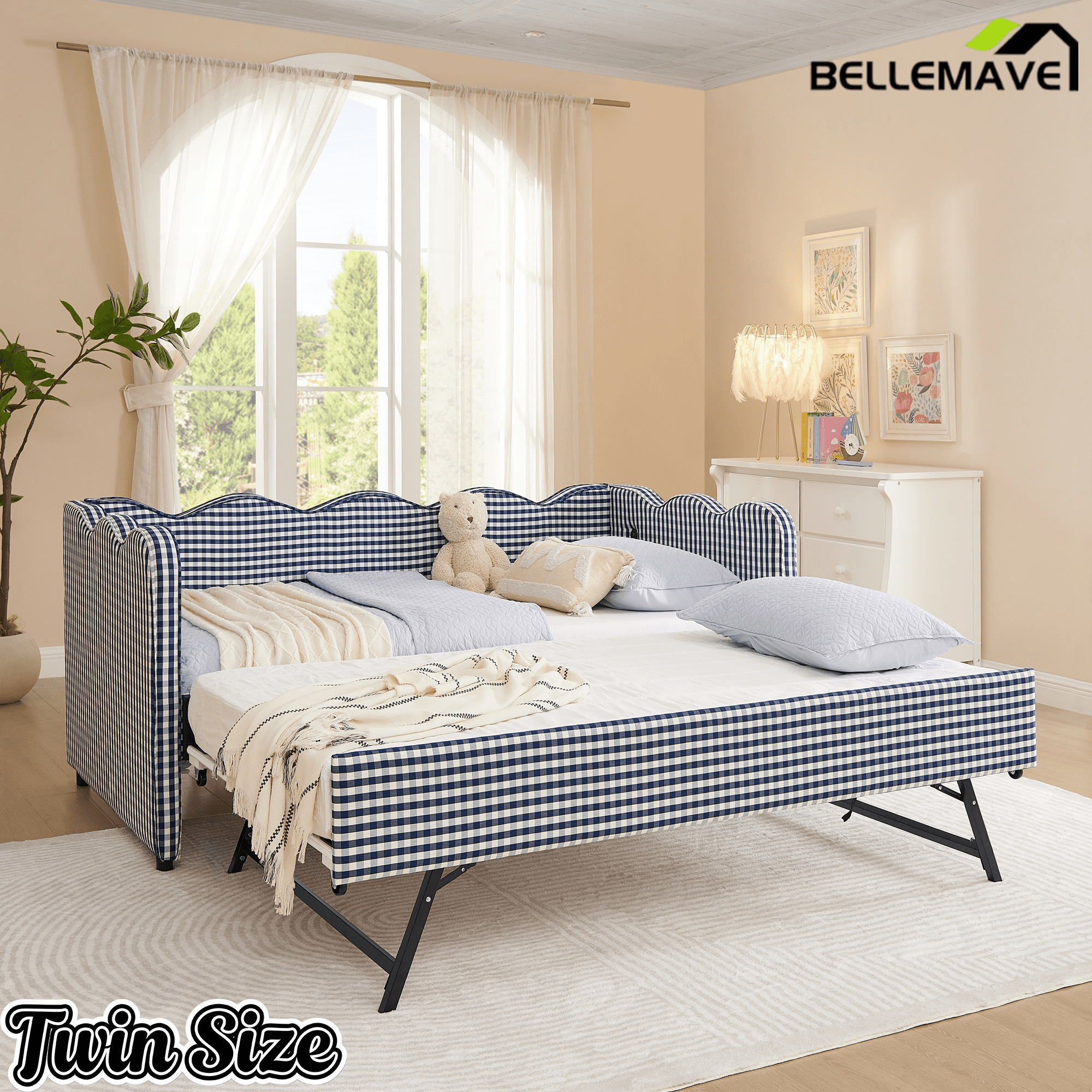 Bellemave® Twin to King Daybed with Trundle & USB Charging, Wave Upholstered Sofa Bed - Bellemave