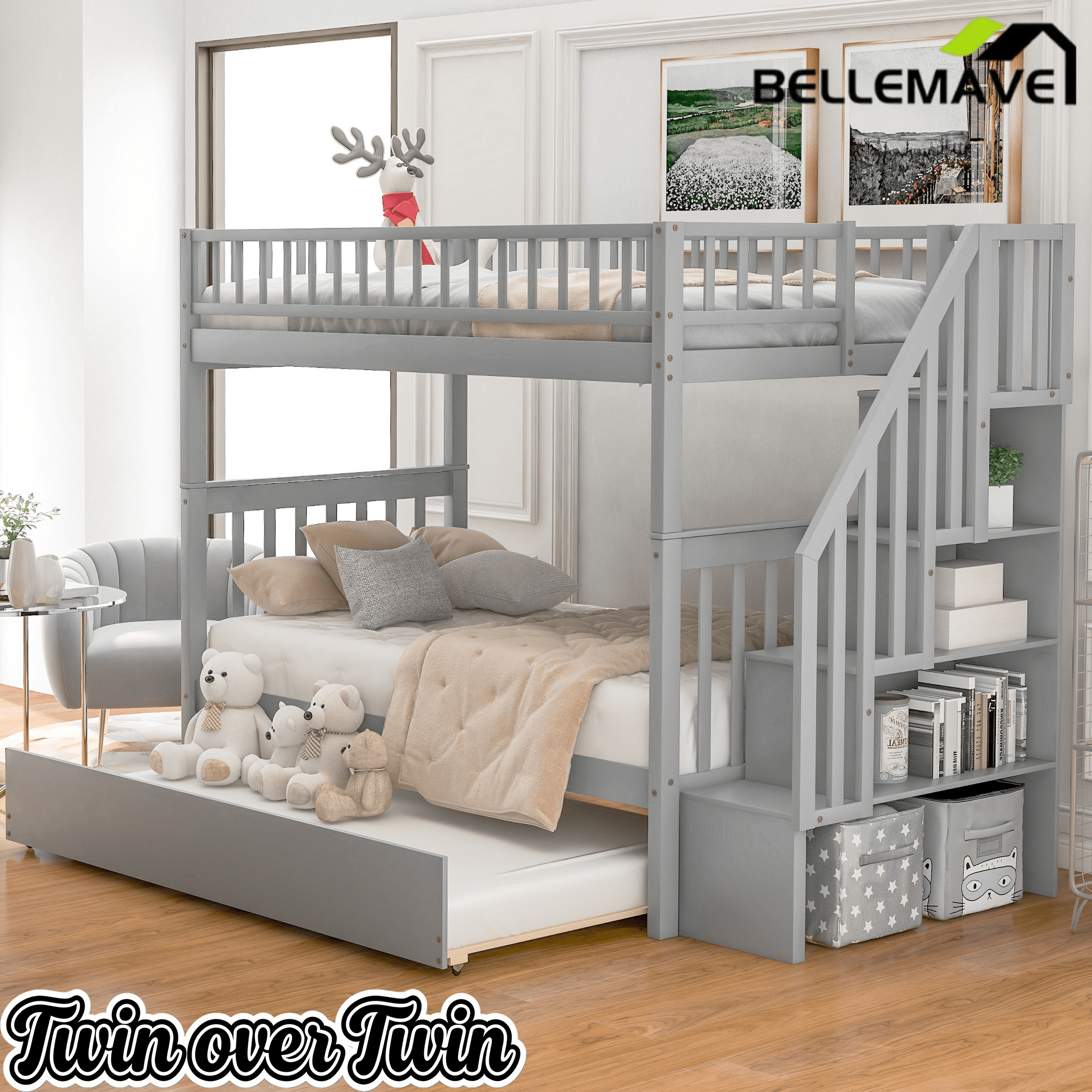 Bellemave® Twin Trundle Bunk Bed for Kids, Bunk Beds with Trundle & Stairs, Twin Over Twin Bunk Bed with Storage - Bellemave