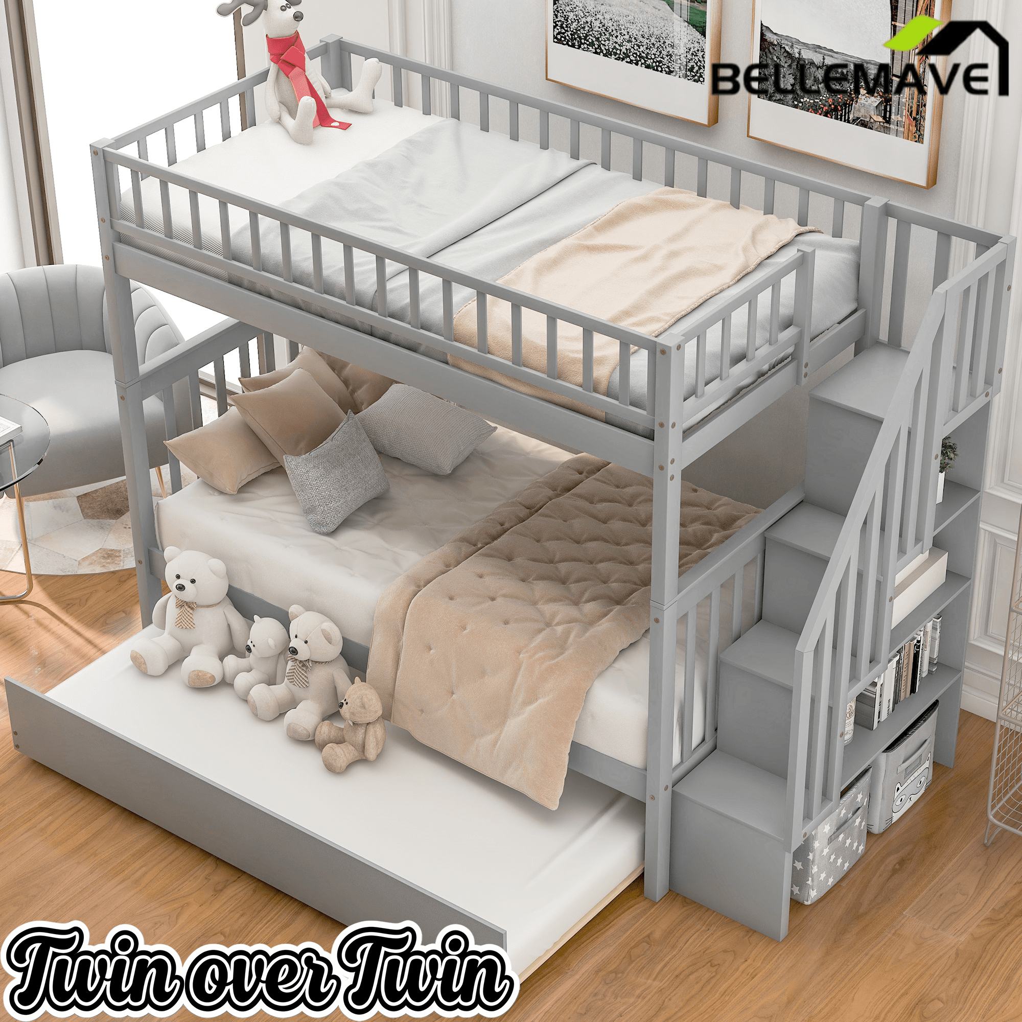 Bellemave® Twin Trundle Bunk Bed for Kids, Bunk Beds with Trundle & Stairs, Twin Over Twin Bunk Bed with Storage - Bellemave