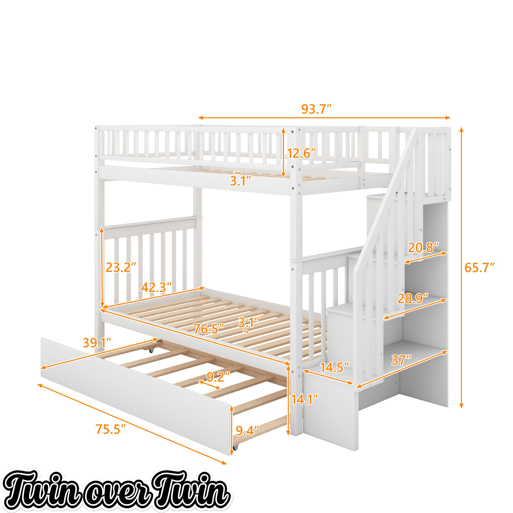 Bellemave® Twin Trundle Bunk Bed for Kids, Bunk Beds with Trundle & Stairs, Twin Over Twin Bunk Bed with Storage - Bellemave