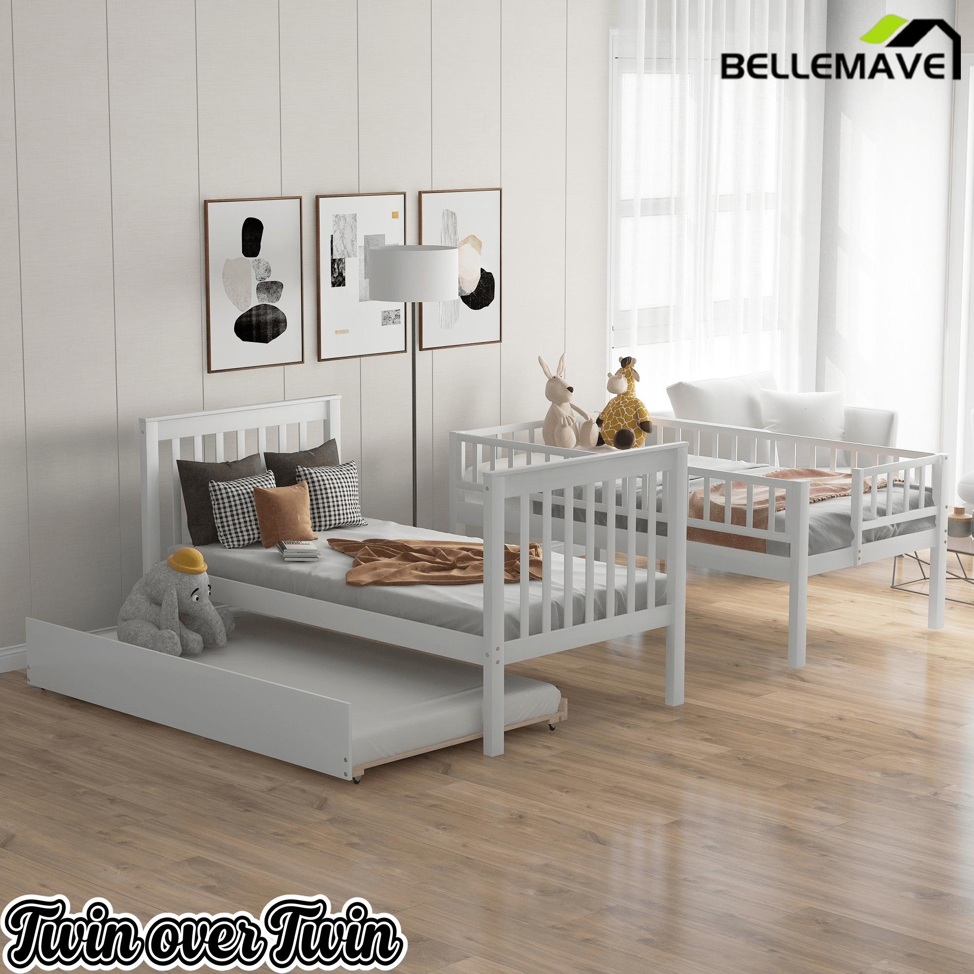 Bellemave® Twin Trundle Bunk Bed for Kids, Bunk Beds with Trundle & Stairs, Twin Over Twin Bunk Bed with Storage - Bellemave