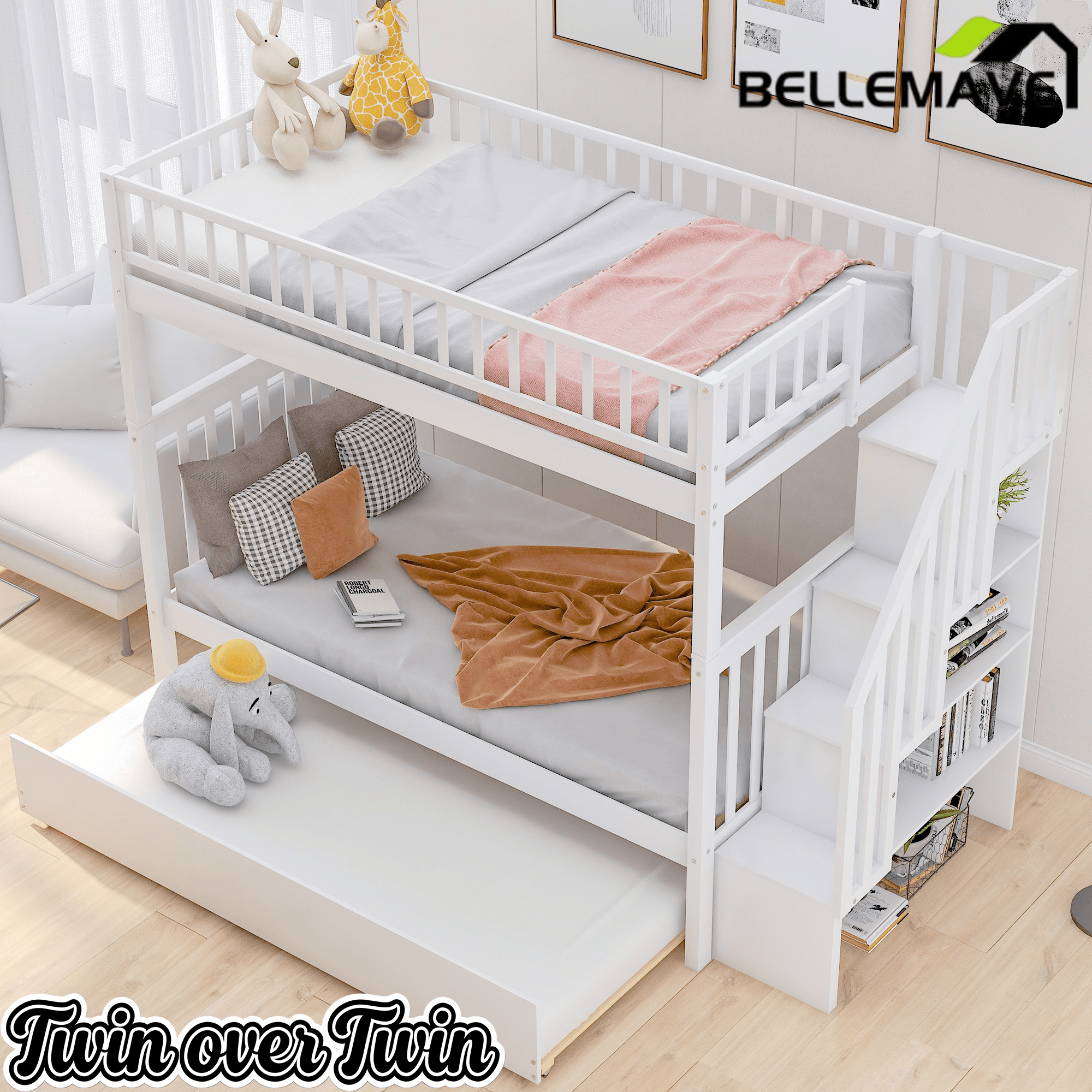Bellemave® Twin Trundle Bunk Bed for Kids, Bunk Beds with Trundle & Stairs, Twin Over Twin Bunk Bed with Storage - Bellemave