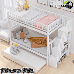 Bellemave® Twin Trundle Bunk Bed for Kids, Bunk Beds with Trundle & Stairs, Twin Over Twin Bunk Bed with Storage - Bellemave