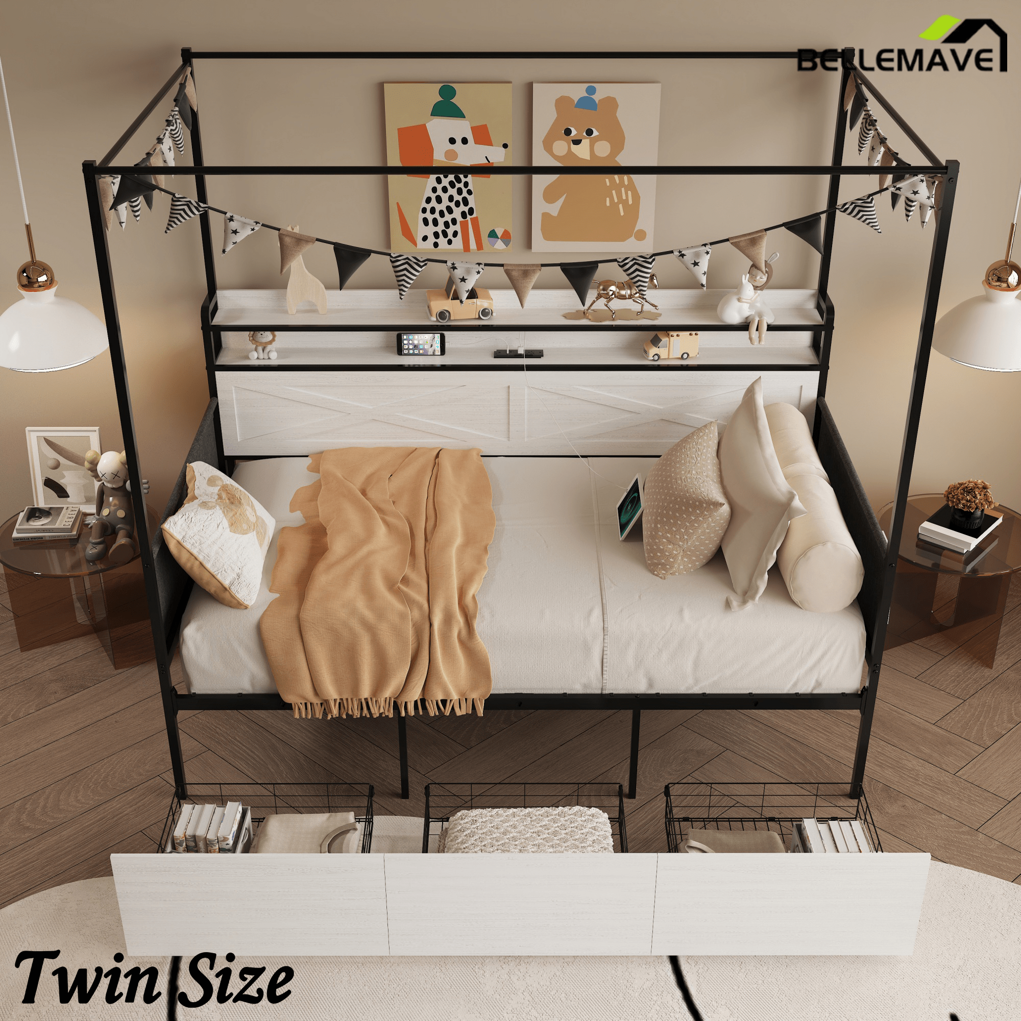 Bellemave® Twin Trundle Daybed,Sofa Bed Frame Reinforced by Heavy - Duty Metal Slats,with Guardrail - Style Enclosures,White - Bellemave