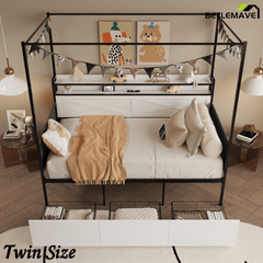 Bellemave® Twin Trundle Daybed,Sofa Bed Frame Reinforced by Heavy - Duty Metal Slats,with Guardrail - Style Enclosures,White - Bellemave