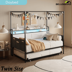 Bellemave® Twin Trundle Daybed,Sofa Bed Frame Reinforced by Heavy - Duty Metal Slats,with Guardrail - Style Enclosures,White - Bellemave