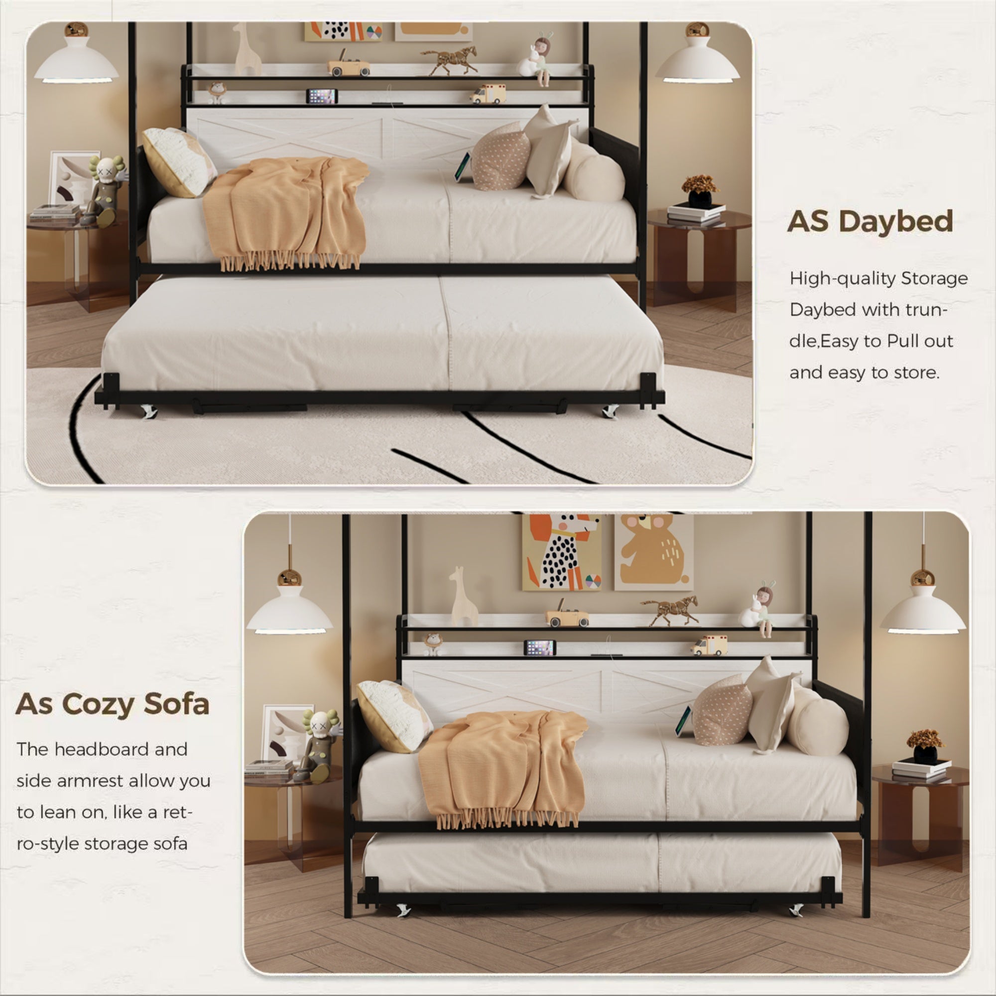 Bellemave® Twin Trundle Daybed,Sofa Bed Frame Reinforced by Heavy - Duty Metal Slats,with Guardrail - Style Enclosures,White - Bellemave