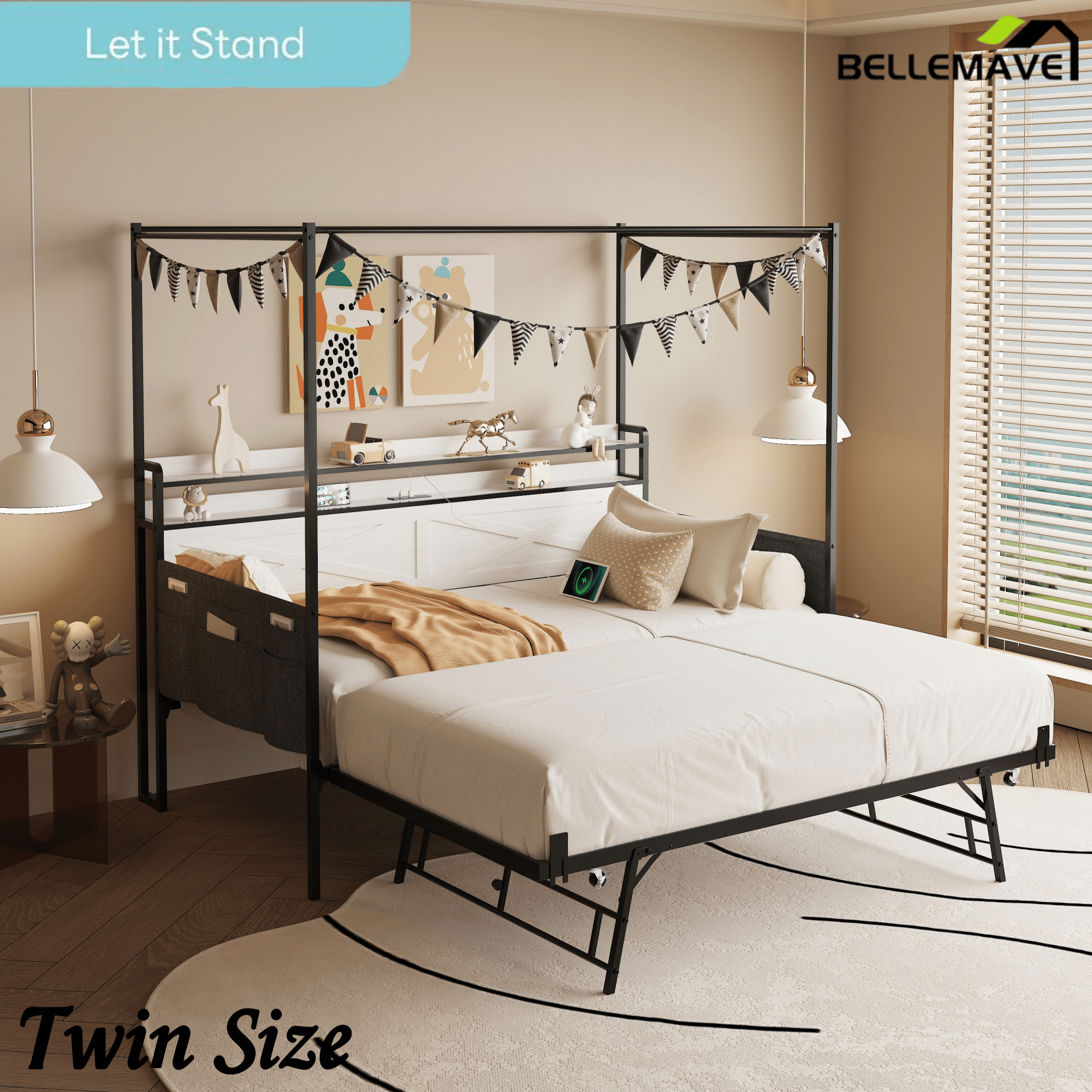 Bellemave® Twin Trundle Daybed,Sofa Bed Frame Reinforced by Heavy - Duty Metal Slats,with Guardrail - Style Enclosures,White - Bellemave