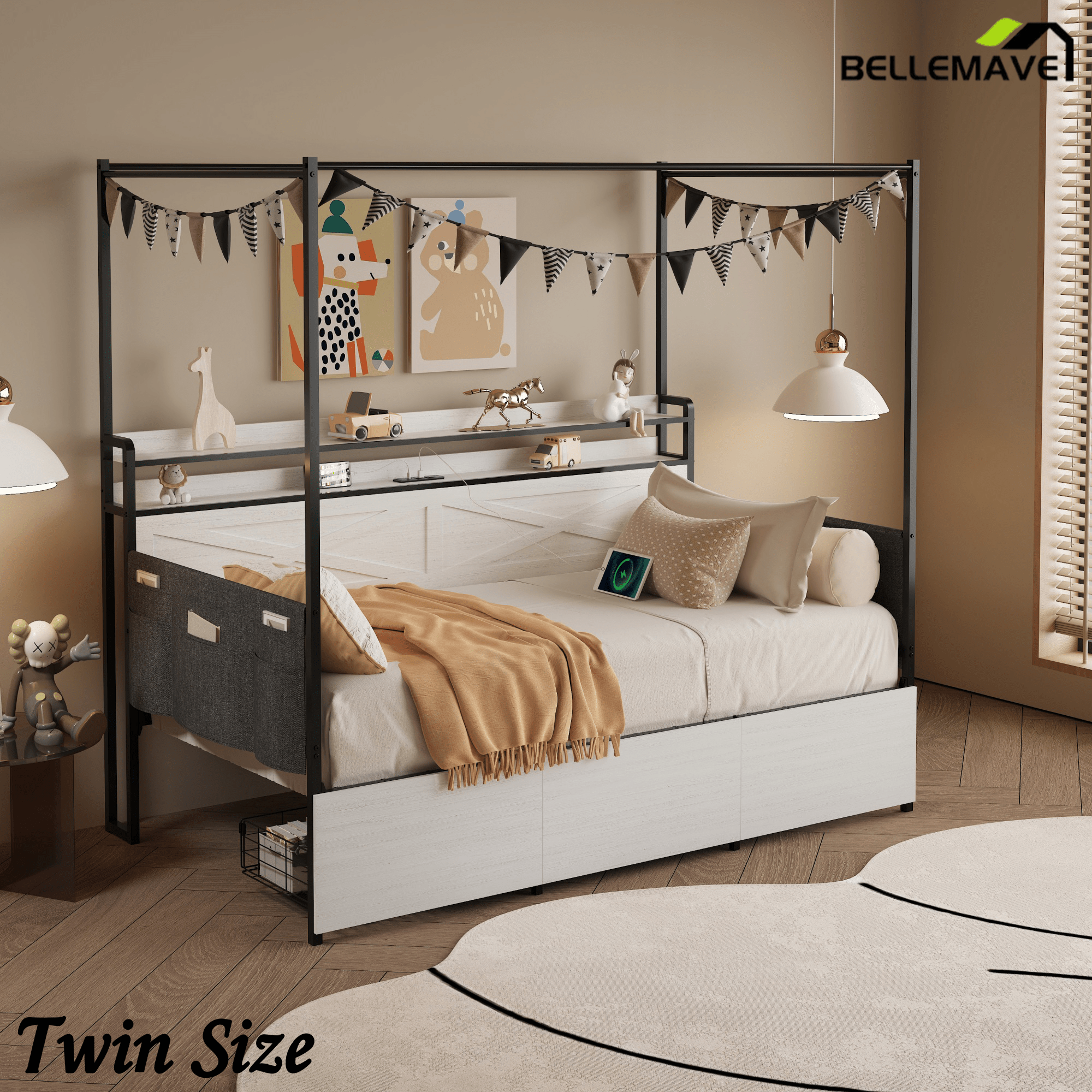 Bellemave® Twin Trundle Daybed,Sofa Bed Frame Reinforced by Heavy - Duty Metal Slats,with Guardrail - Style Enclosures,White - Bellemave