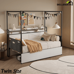 Bellemave® Twin Trundle Daybed,Sofa Bed Frame Reinforced by Heavy - Duty Metal Slats,with Guardrail - Style Enclosures,White - Bellemave