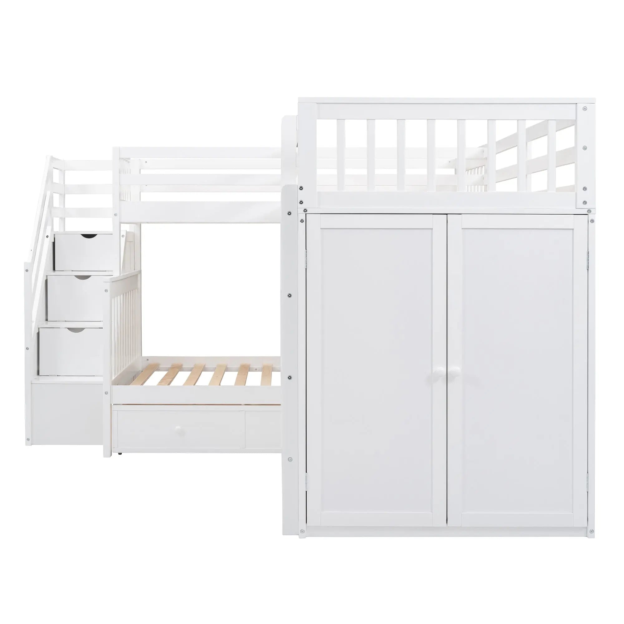 Bellemave® Twin & Twin Over Full L - Shaped Bunk Bed with 3 Drawers, Portable Desk and Wardrobe - Bellemave