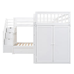 Bellemave® Twin & Twin Over Full L - Shaped Bunk Bed with 3 Drawers, Portable Desk and Wardrobe - Bellemave
