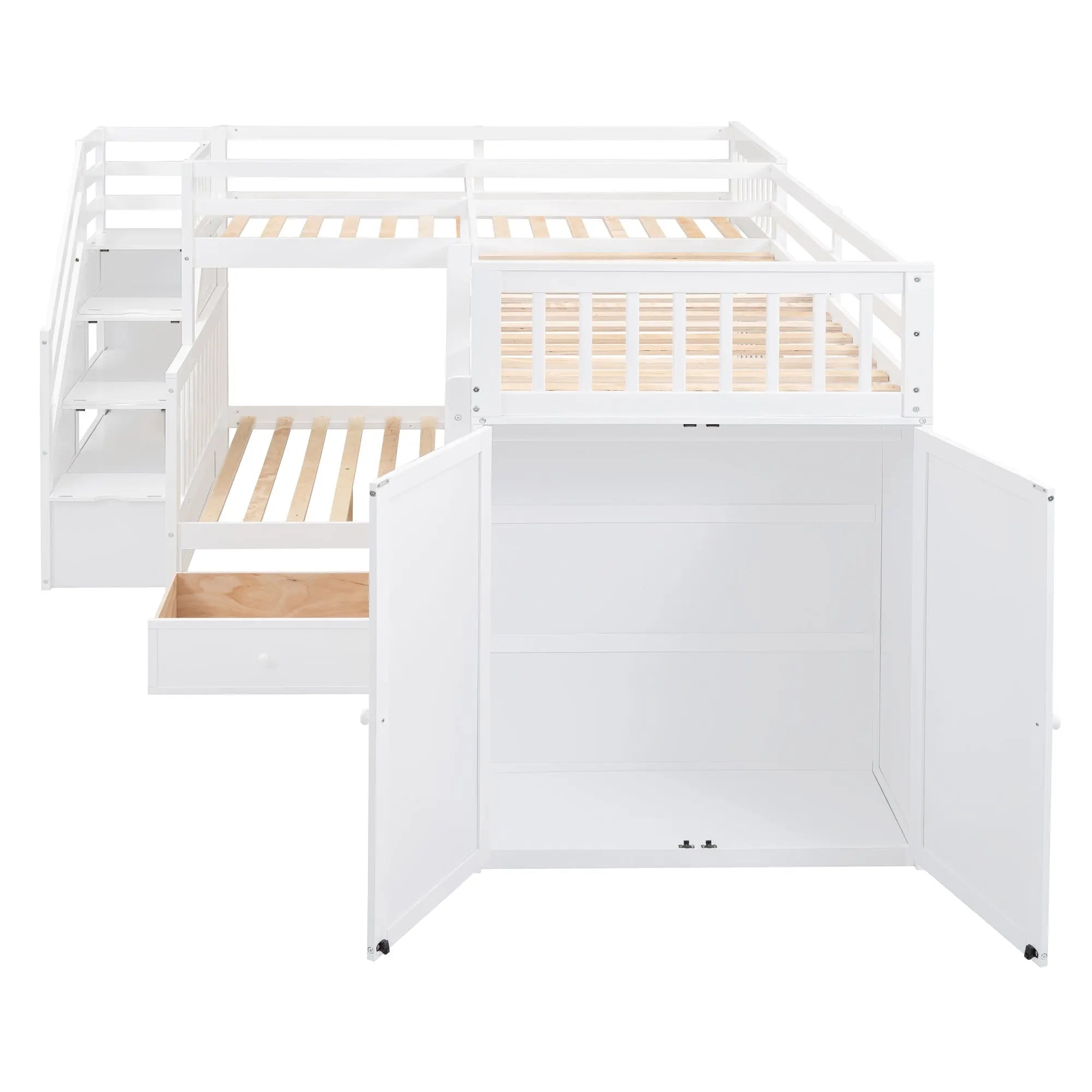Bellemave® Twin & Twin Over Full L - Shaped Bunk Bed with 3 Drawers, Portable Desk and Wardrobe - Bellemave