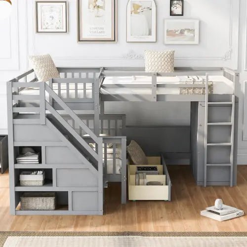 Bellemave® Twin & Twin Over Full L - Shaped Bunk Bed with 3 Drawers, Portable Desk and Wardrobe - Bellemave
