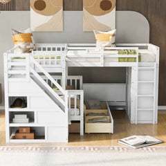 Bellemave® Twin & Twin Over Full L - Shaped Bunk Bed with 3 Drawers, Portable Desk and Wardrobe - Bellemave