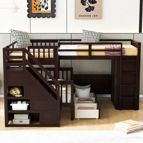 Bellemave® Twin & Twin Over Full L - Shaped Bunk Bed with 3 Drawers, Portable Desk and Wardrobe - Bellemave