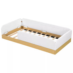 Angled view of twin upholstered bed frame with wood slat support