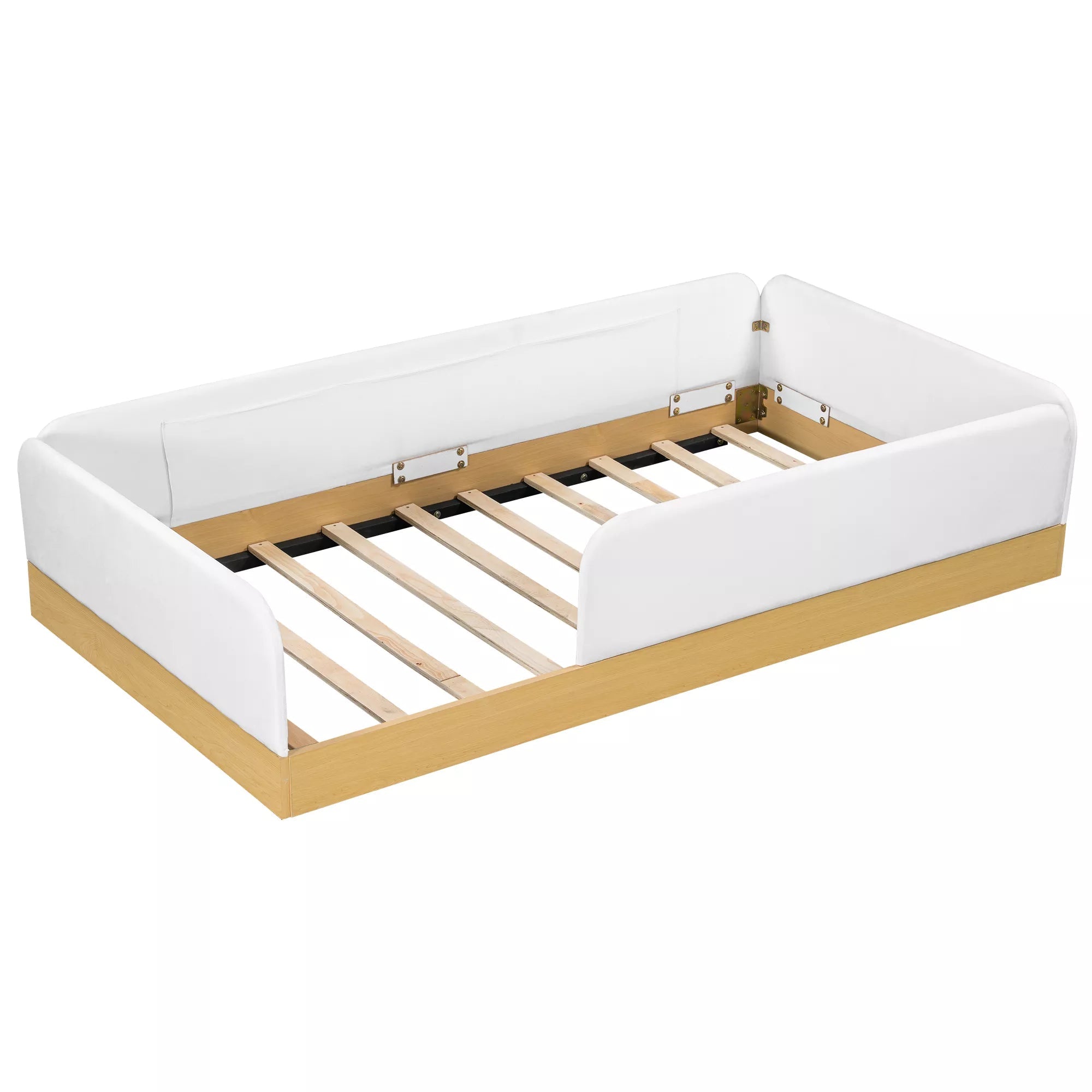 Side view of white upholstered twin bed frame with natural wood-look base