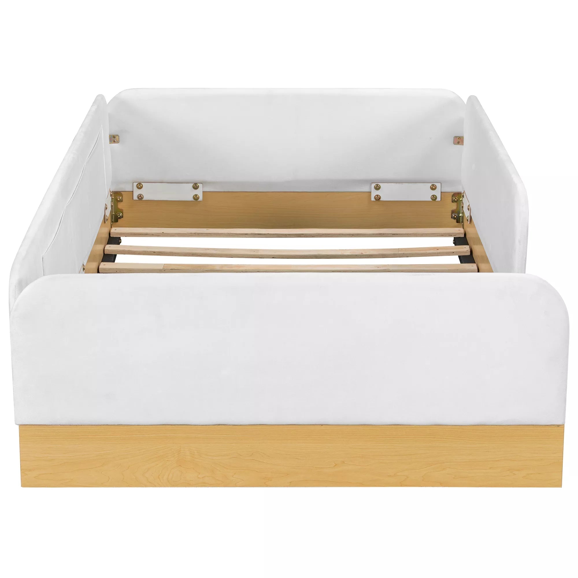 Front view of twin upholstered platform bed with white footboard and wood slats