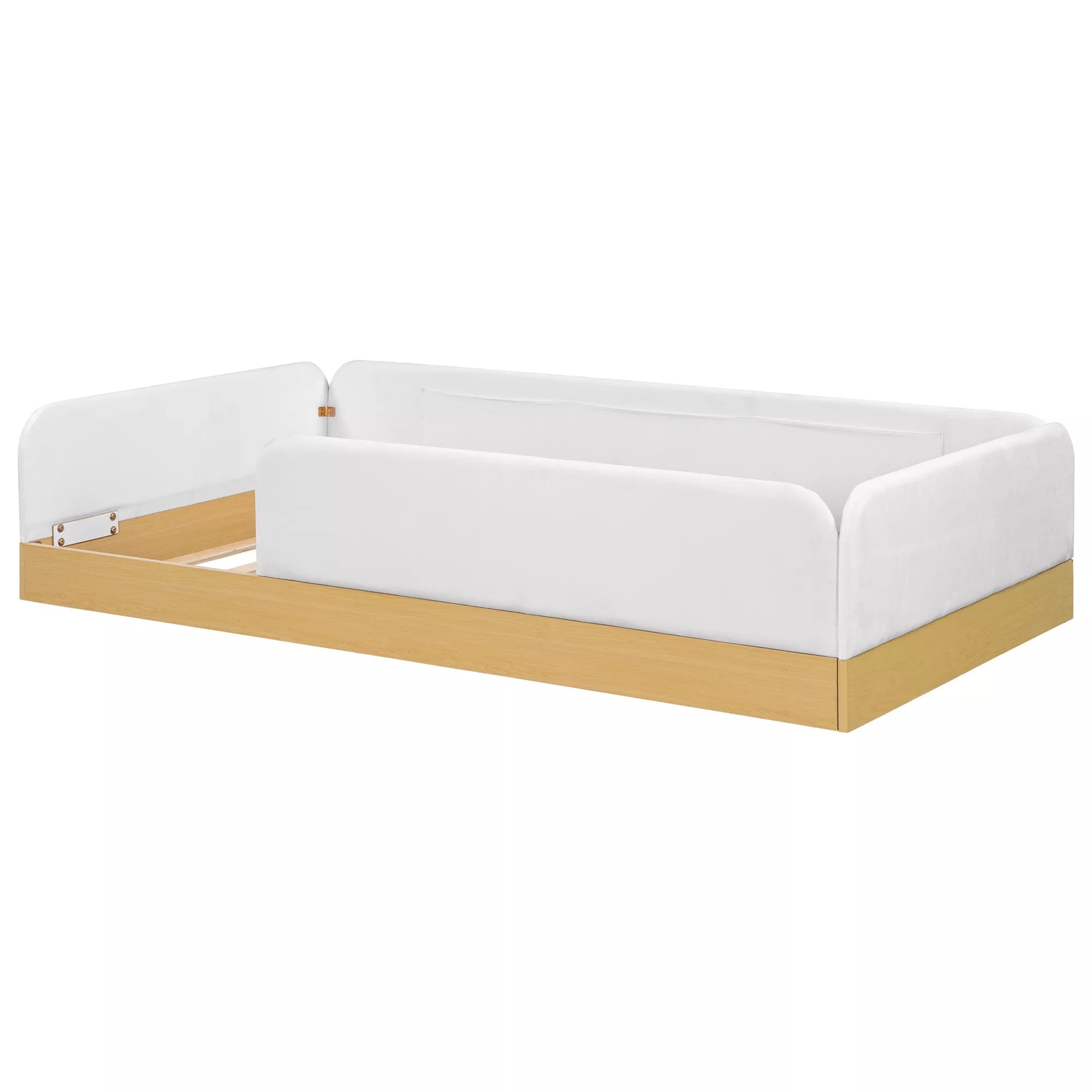 White upholstered platform bed with raised side guardrails