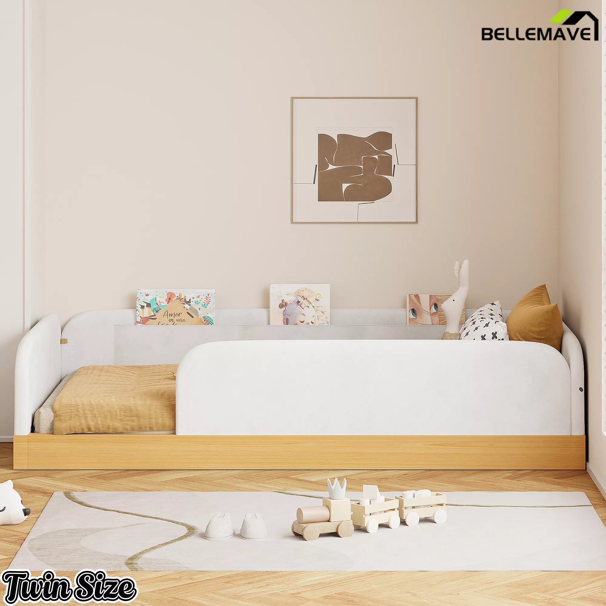 Front view of white twin upholstered platform bed styled in a bedroom