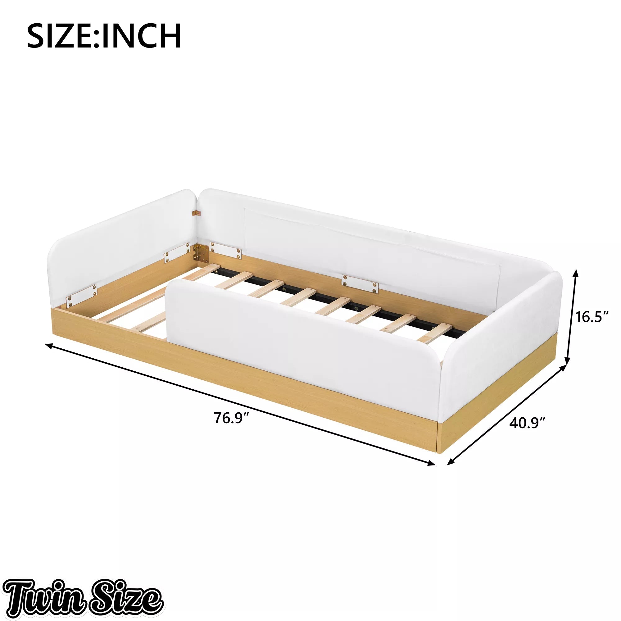 Twin upholstered platform bed dimension diagram with overall measurements