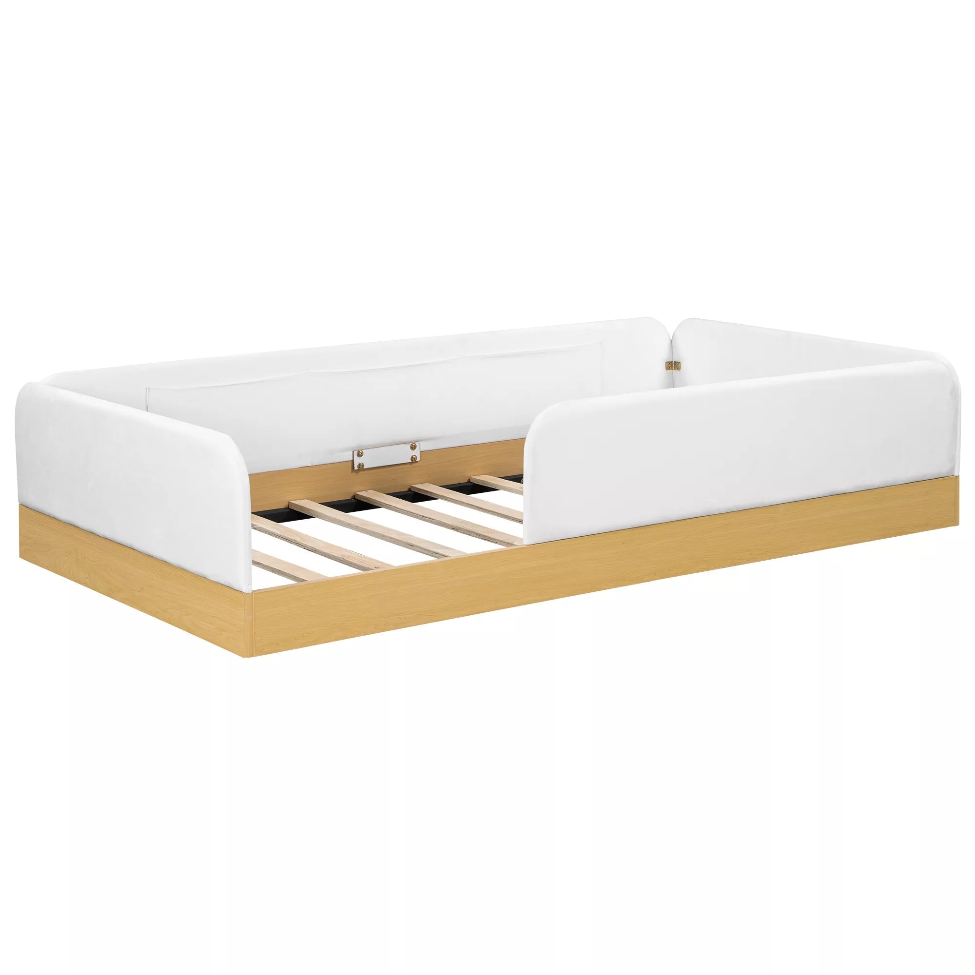 Angled view of twin platform bed with upholstered guardrails and wooden slats