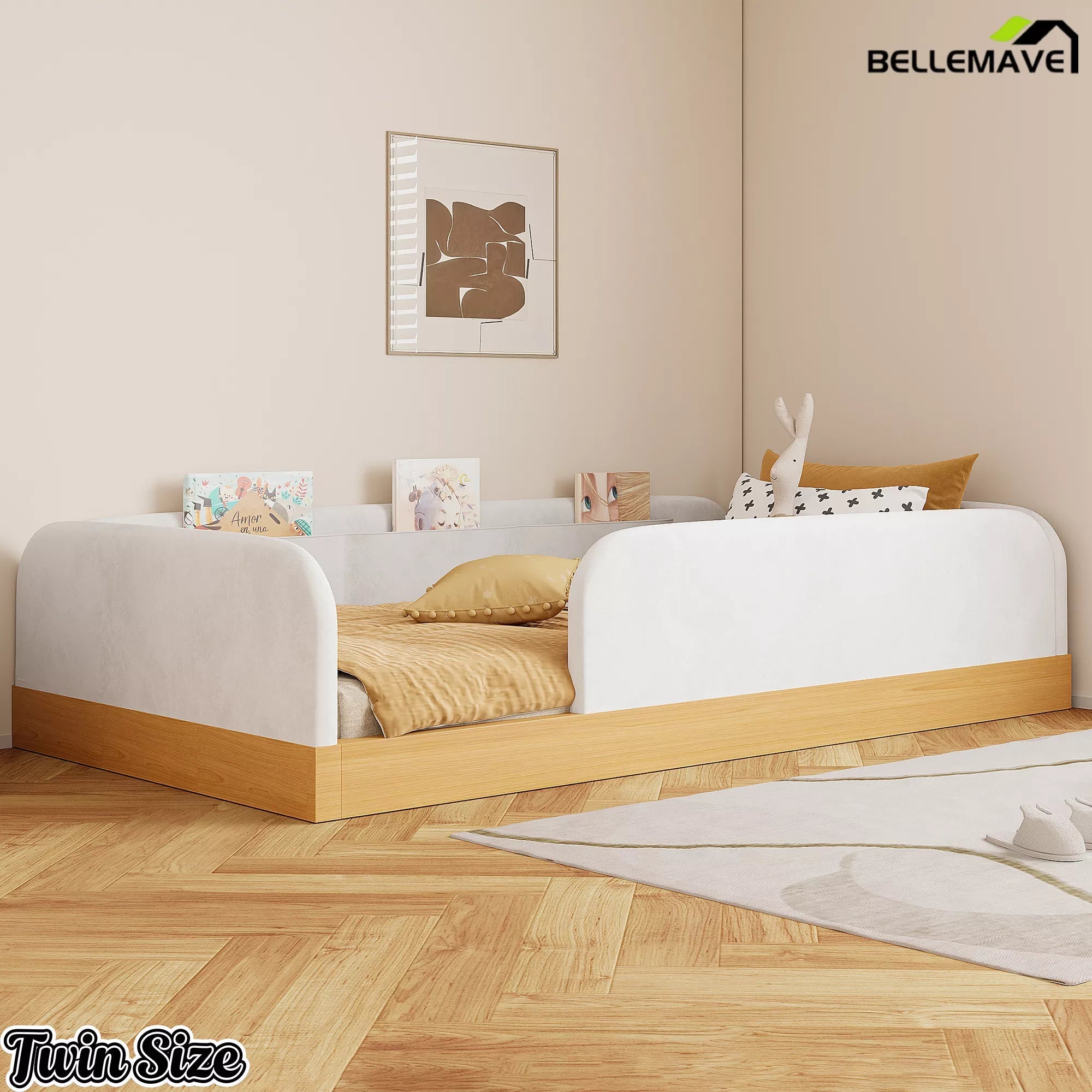 White twin upholstered platform bed with natural wood-look base in a bedroom