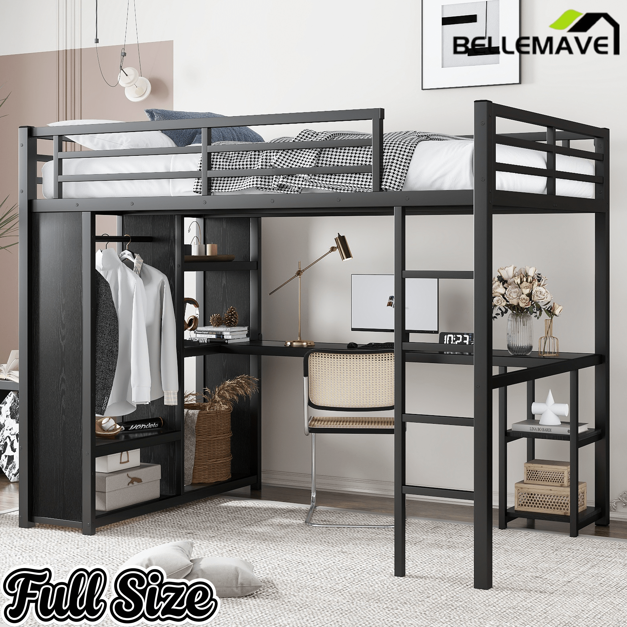 Bellemave® Twin XL Loft Bed with Desk, Storage Shelves, Wardrobe & Hanging Rod, Game Loft Bed with Guardrail and Ladder, Black - Bellemave