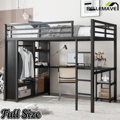 Bellemave® Twin XL Loft Bed with Desk, Storage Shelves, Wardrobe & Hanging Rod, Game Loft Bed with Guardrail and Ladder, Black - Bellemave