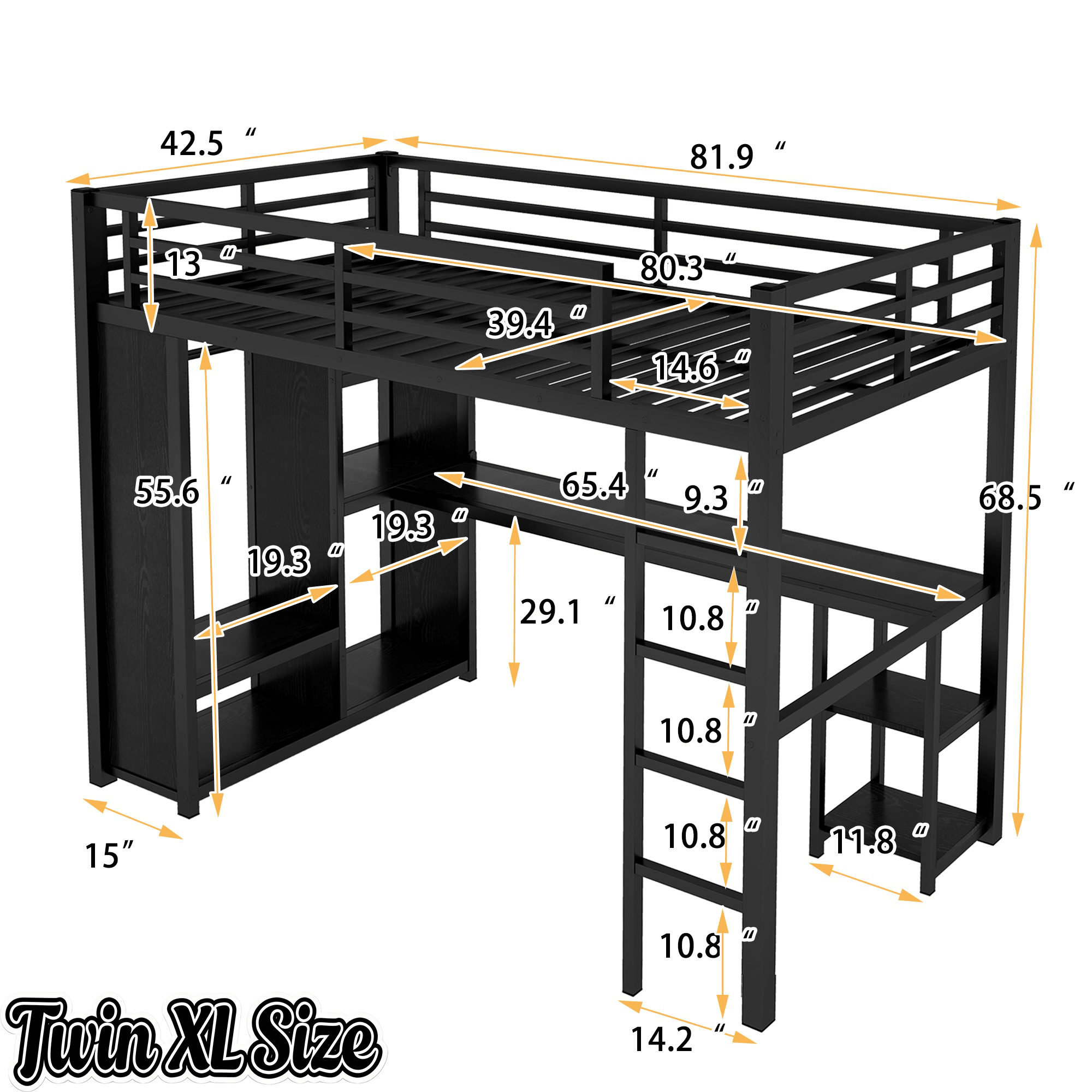 Bellemave® Twin XL Loft Bed with Desk, Storage Shelves, Wardrobe & Hanging Rod, Game Loft Bed with Guardrail and Ladder, Black - Bellemave