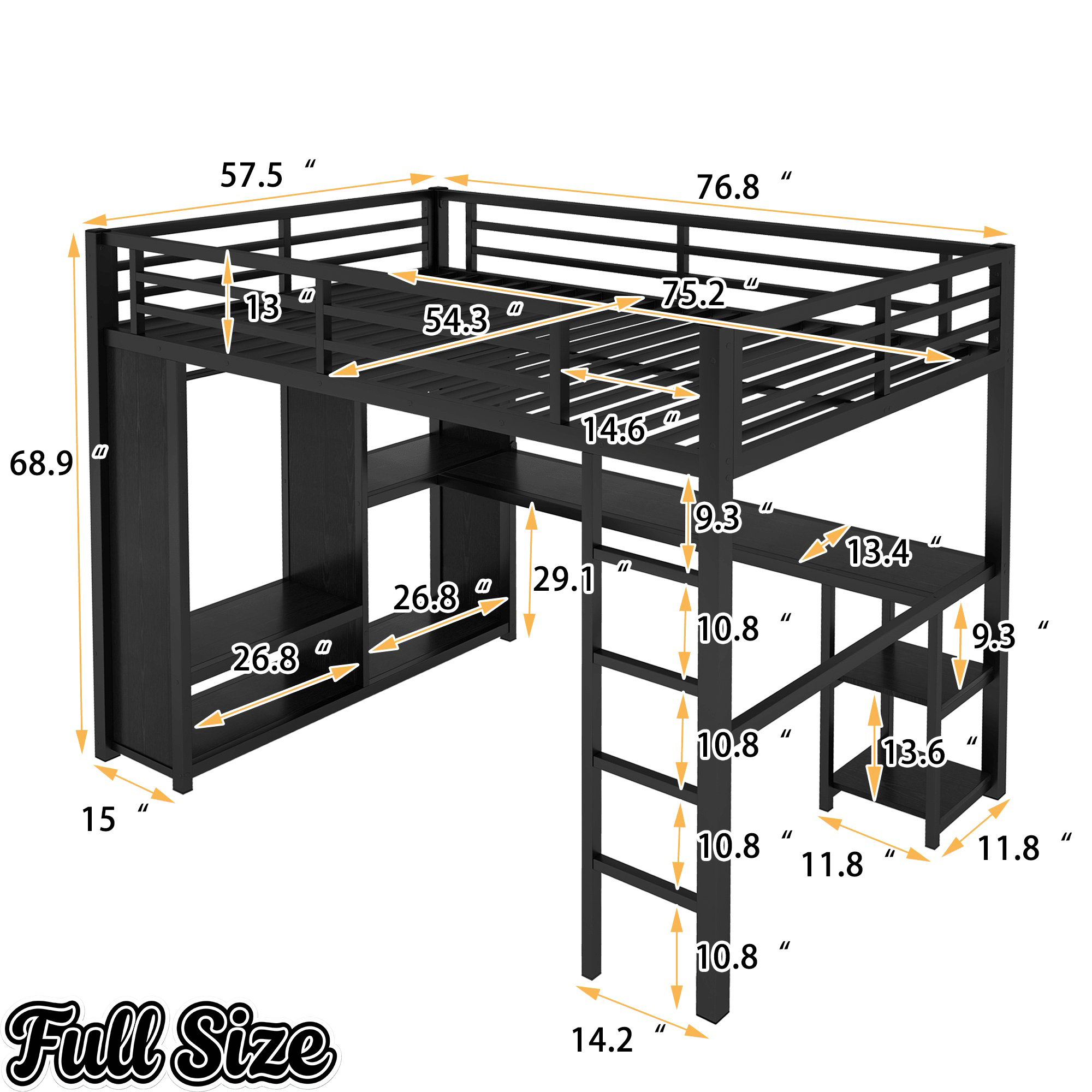 Bellemave® Twin XL Loft Bed with Desk, Storage Shelves, Wardrobe & Hanging Rod, Game Loft Bed with Guardrail and Ladder, Black - Bellemave